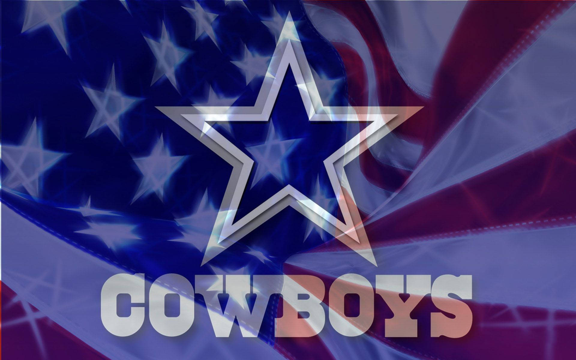 牛仔 桌布 壁紙 — 一個金屬星星標誌，上面有 'COWBOYS' 文字，疊加在模糊的美國國旗背景上。