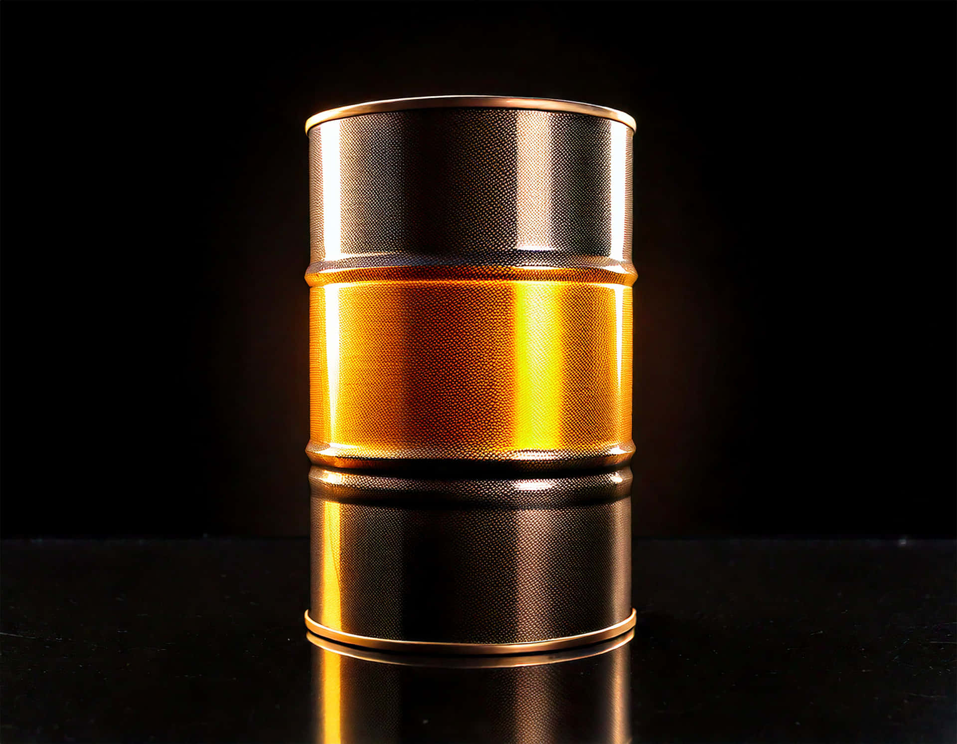 Oil Barrel 壁紙 — 一個金屬油桶內有金色液體，在黑色背景的攝影棚燈光下閃閃發光。