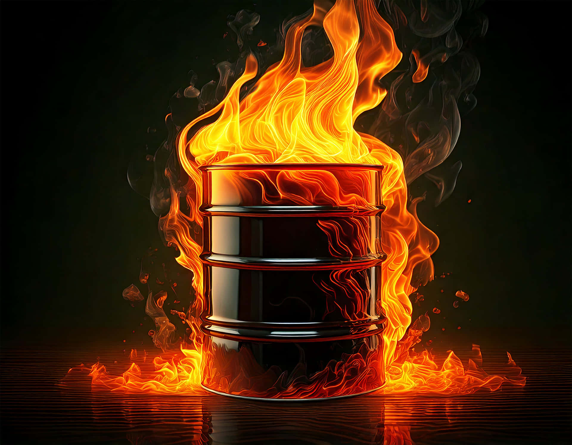 Flame emerging from an Oil Barrel 壁紙 — 一個金屬油桶在黑暗背景中爆發出咆哮的橙色火焰，煙霧升騰，濕漉漉的地面上閃爍著發光的倒影。