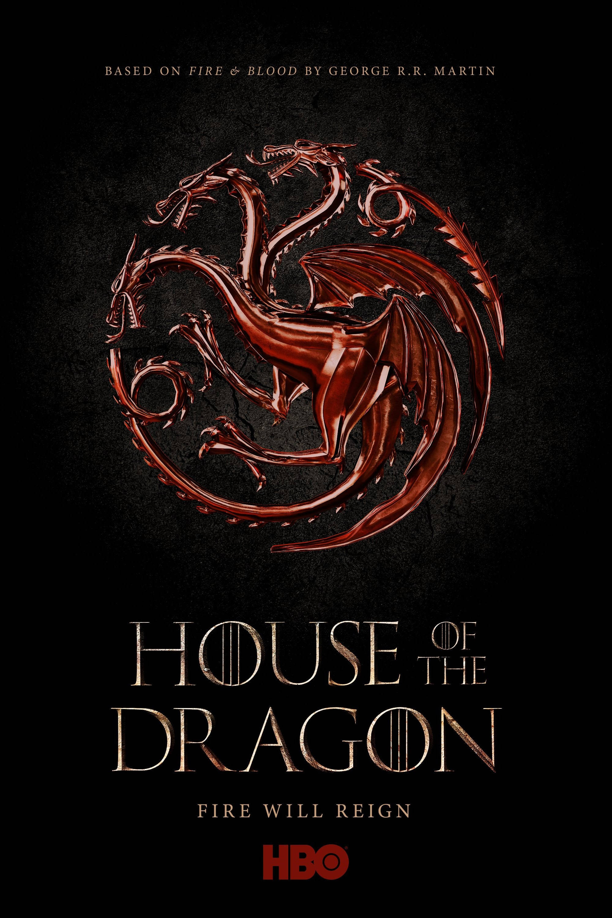 HBO 桌布 壁紙 — 一個金屬紅色的三頭龍徽章在深色紋理背景上發光，並帶有HBO節目標題文字。