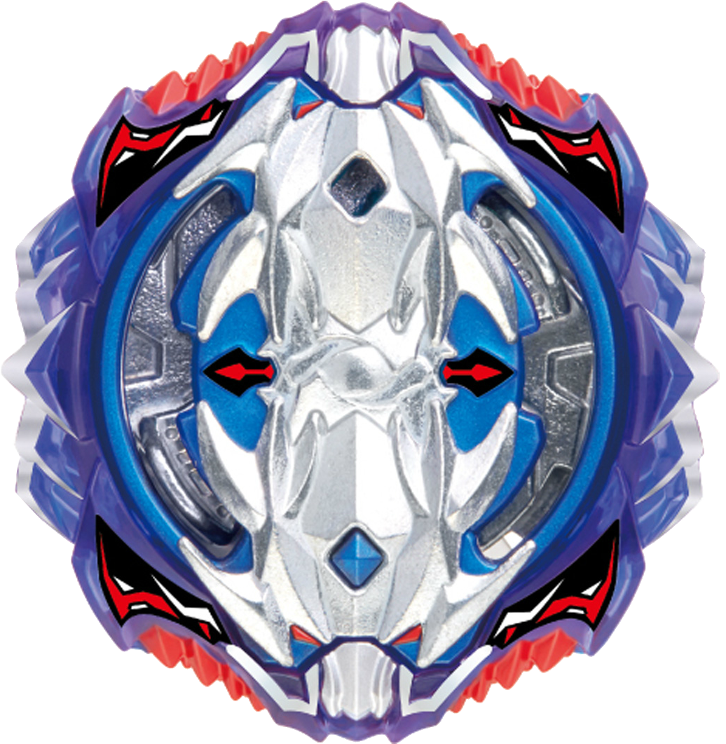 Beyblade 桌布 壁紙 — 一個金屬藍、紅和銀色的Beyblade，具有尖銳的棱角設計和發光的紅色眼睛，背景為黑色。