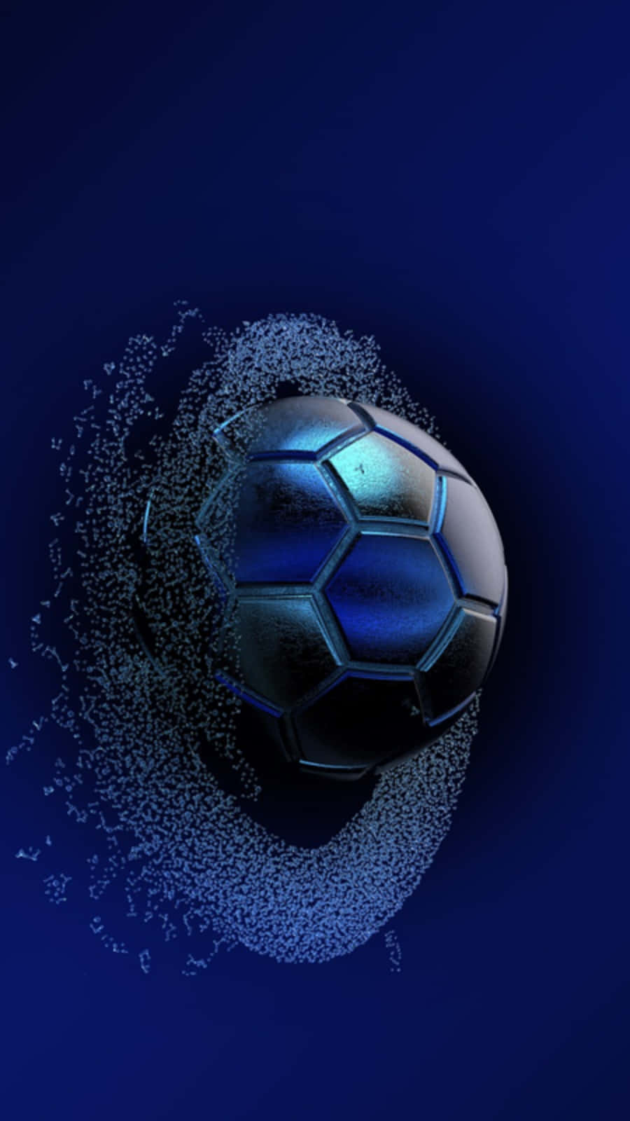 Soccer Ball 桌布 壁紙 — 一個金屬藍色足球在深藍色背景上發光，周圍環繞著旋轉的白色粒子。