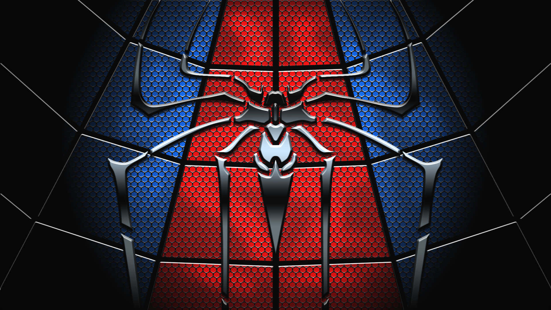 Ultimate Spider-man 桌布 壁紙 — 一個金屬蜘蛛標誌，置中在紅色和藍色的六邊形網格上，背景為深色。