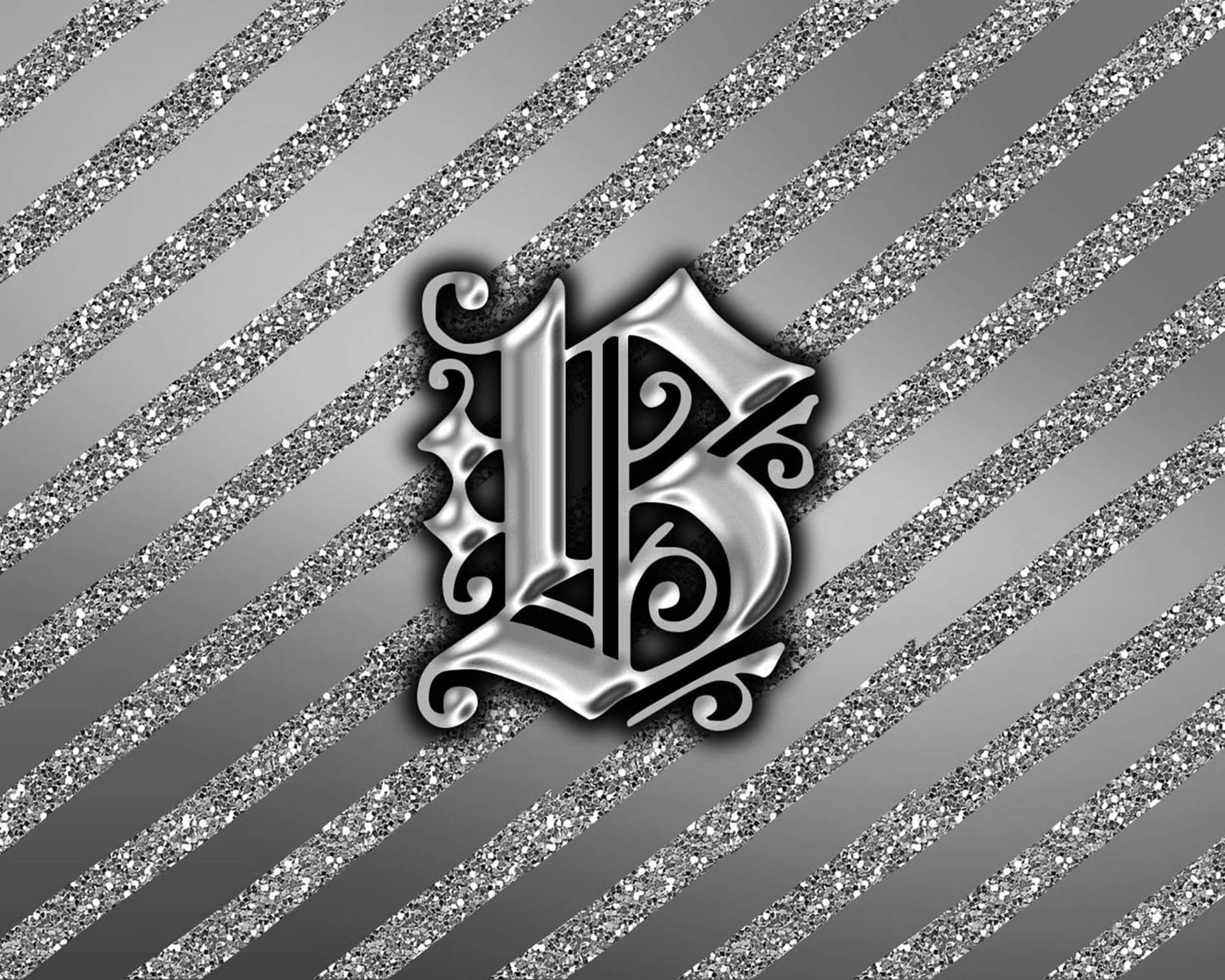 字母B 桌布 壁紙 — 一個金屬裝飾字母B在漸變灰色背景上，對著對角閃爍的銀色條紋閃耀。