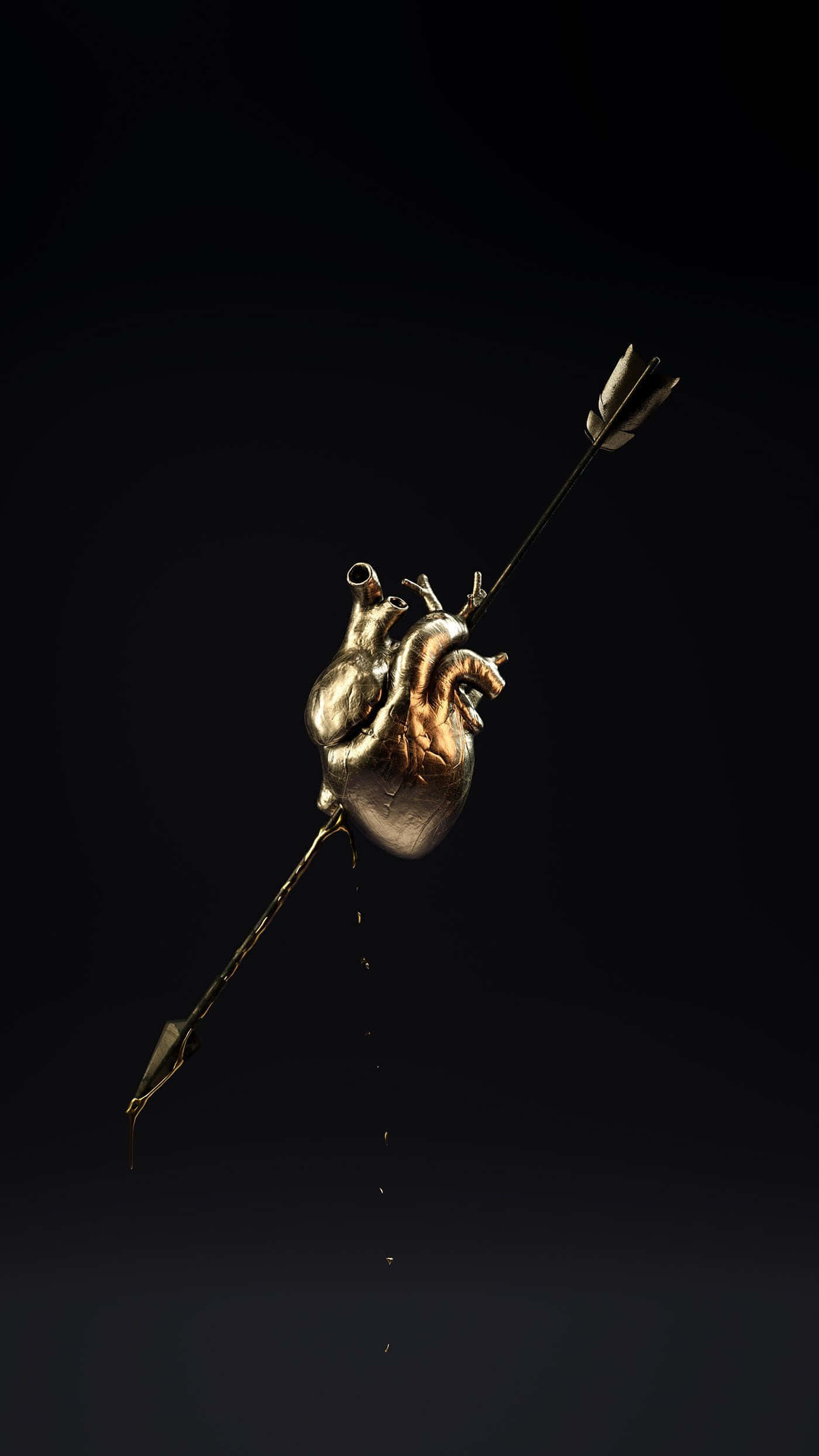 Black And Gold Aesthetic 桌布 壁紙 — 一個金屬解剖學心臟被箭刺穿，血滴在黑暗背景中落下。