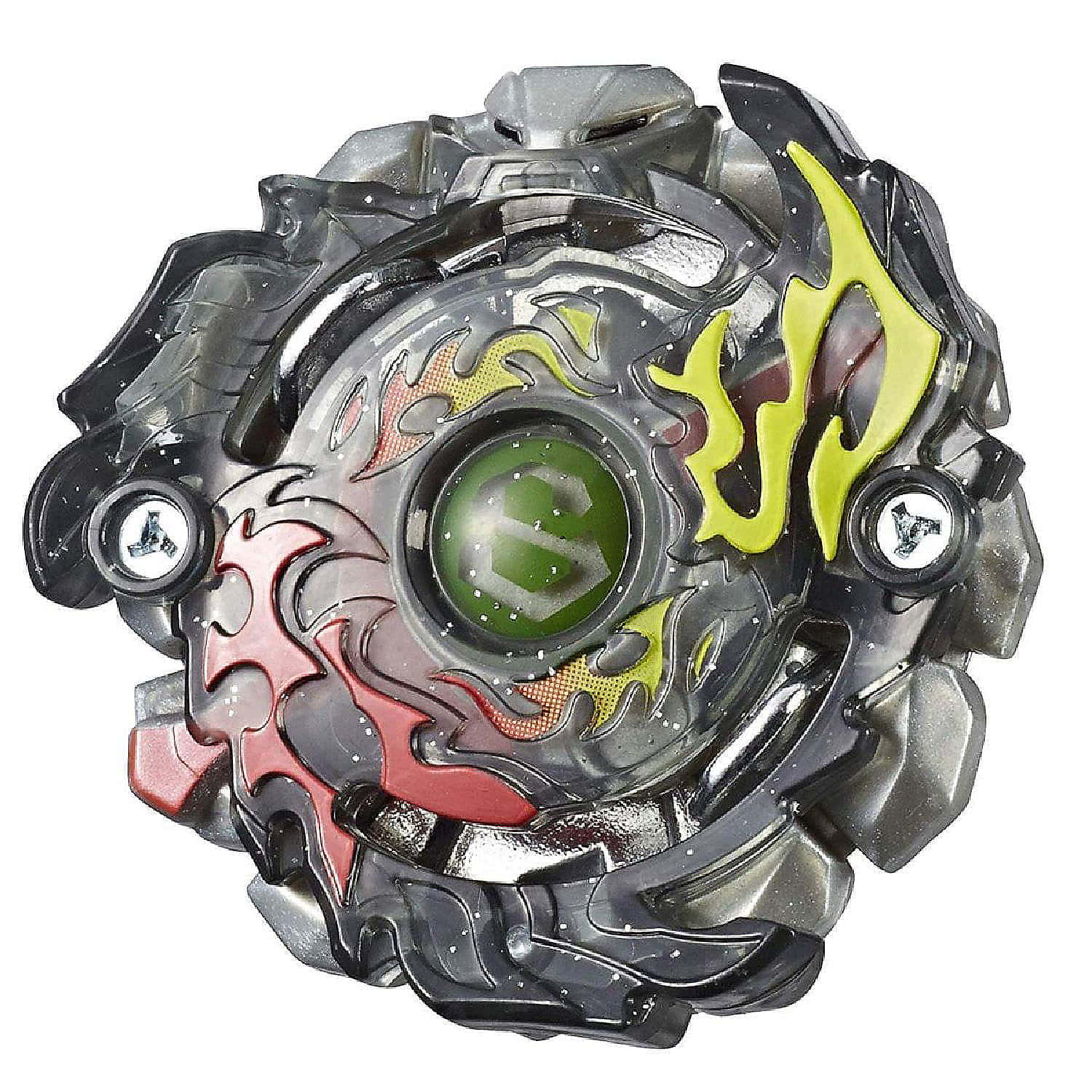 戰鬥陀螺爆裂 桌布 壁紙 — 一個金屬質感的Beyblade，帶有火紅、黃和綠色的火焰圖案，在純白背景上動態旋轉。