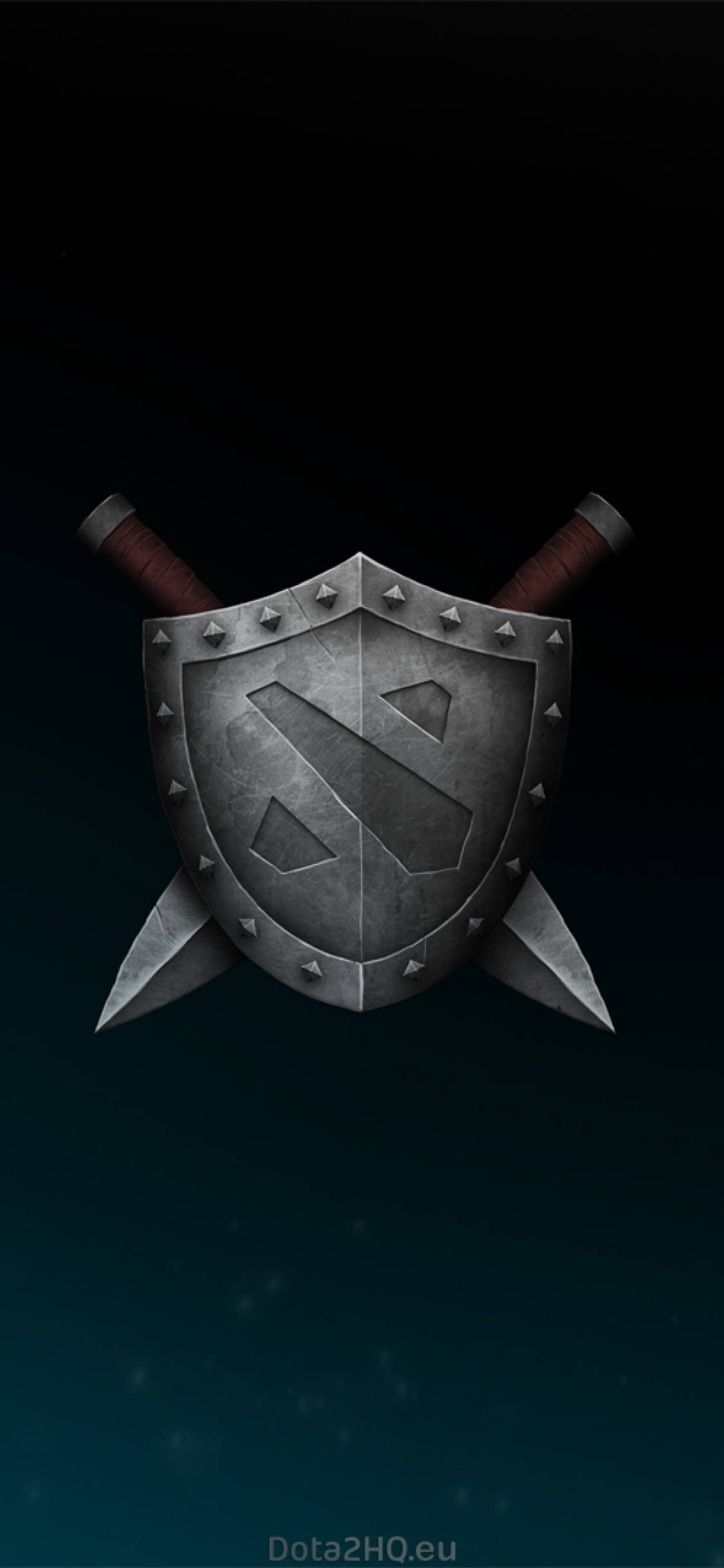 dota 2 iPhone 桌布 壁紙 — 一個金屬質感的Dota 2盾牌，背後交叉著劍，在深藍綠色漸變背景上發光。