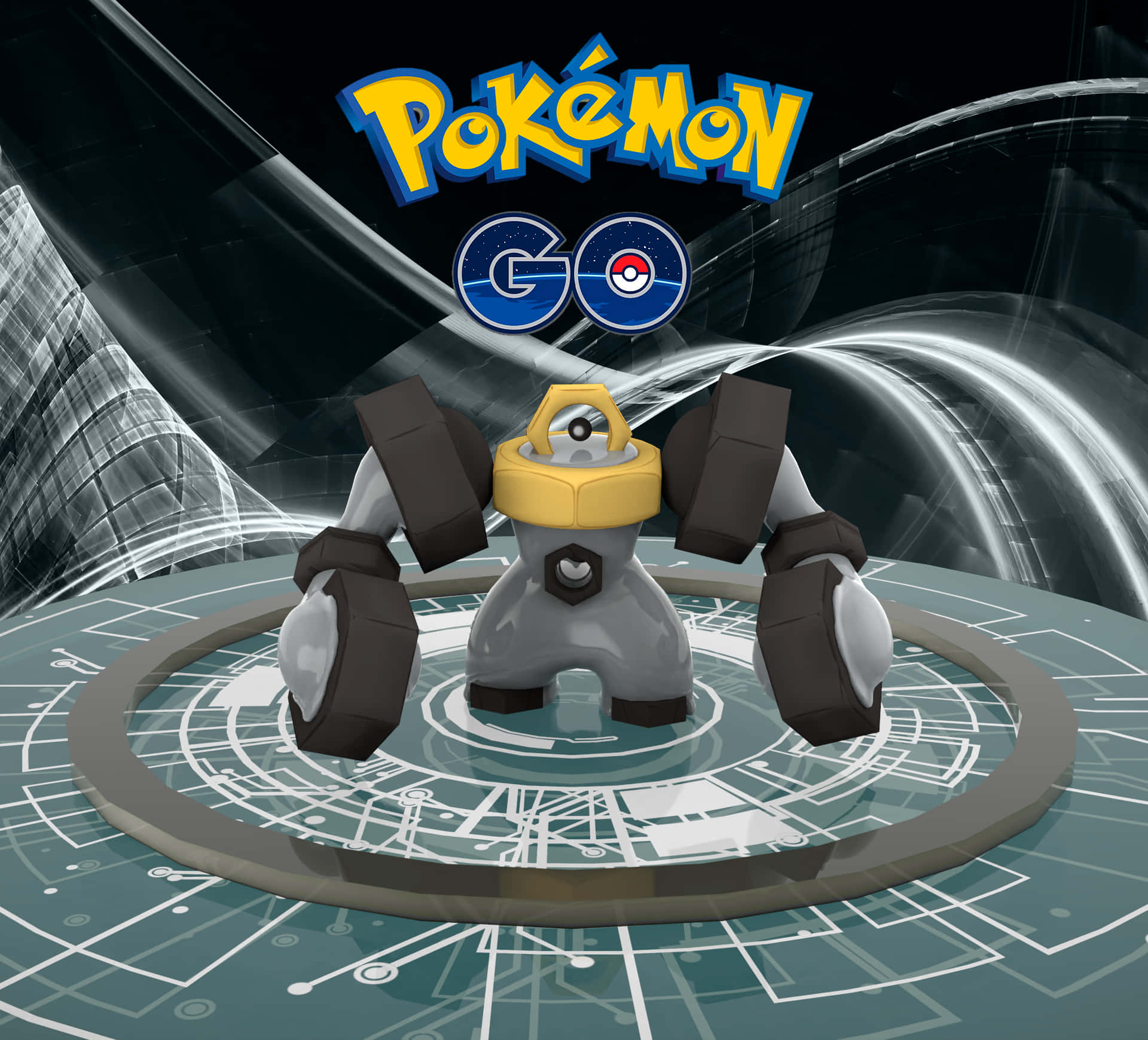 寶可夢 桌布 壁紙 — 一個金屬質感的Pokémon Go角色站在發光的電路板平台上，背景是旋轉的數位圖案。