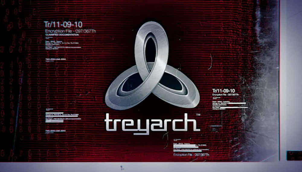 Treyarch 桌布 壁紙 — 一個金屬質感的Treyarch標誌在充滿滾動代碼和機密文件文字的紅色數位螢幕上發光。