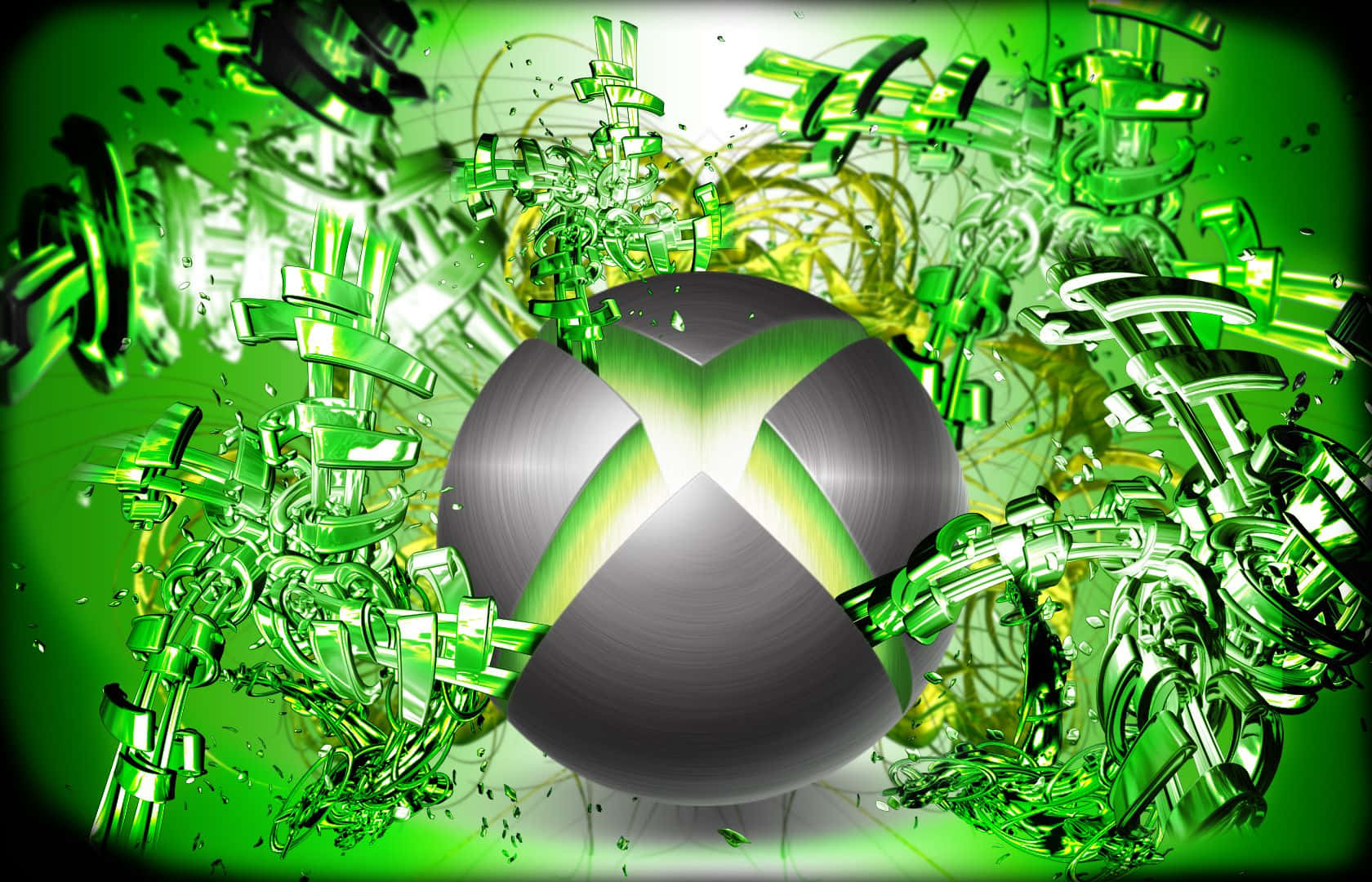 桌布 壁紙 — 一個金屬質感的Xbox標誌，周圍環繞著破碎的綠色玻璃碎片，背景為鮮豔的綠色。