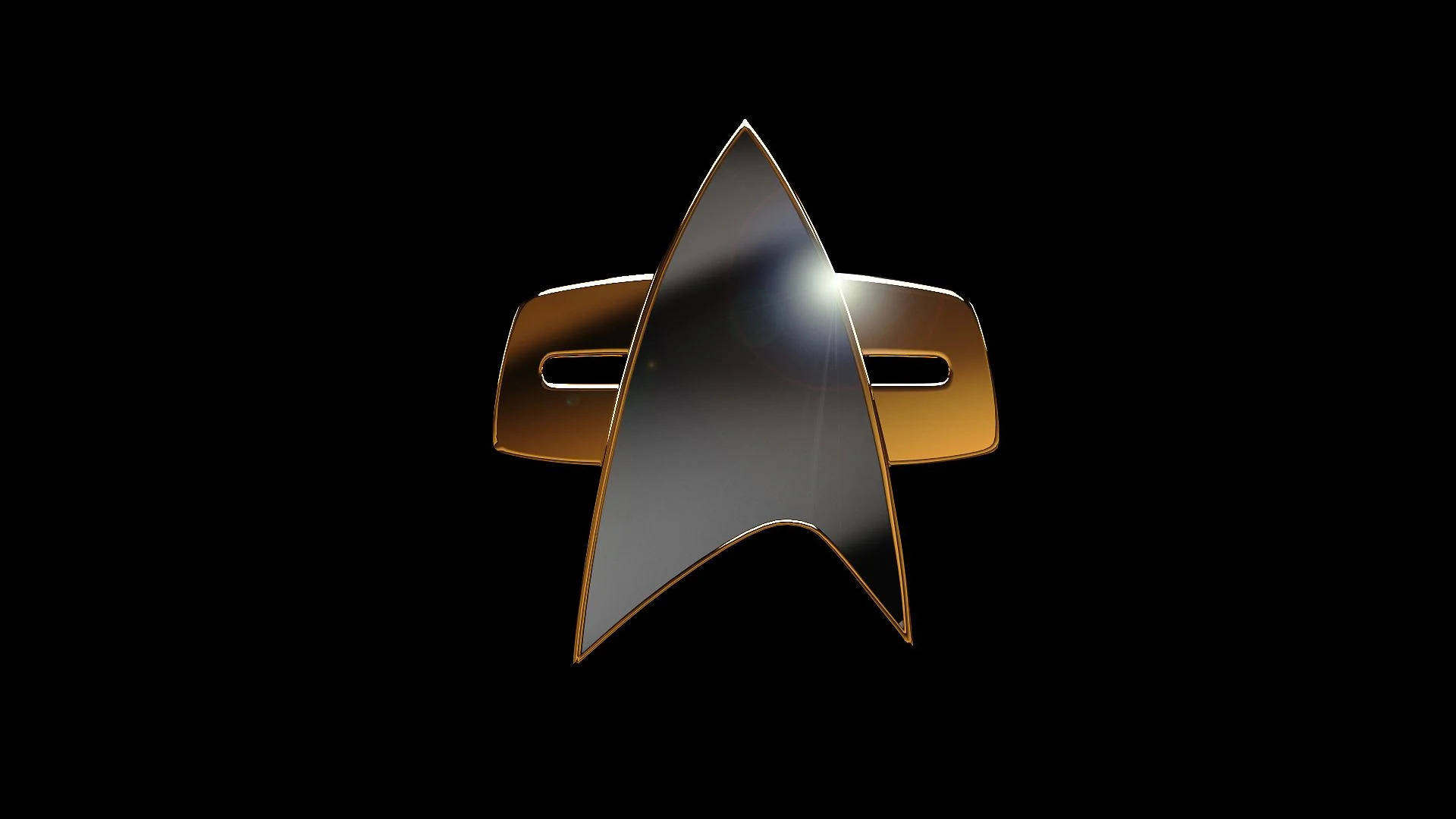 星際爭霸戰 iPhone 桌布 桌布 壁紙 — 一個金屬金色和銀色的星際艦隊徽章在純黑色背景上發光，帶有銳利的燈光高光。