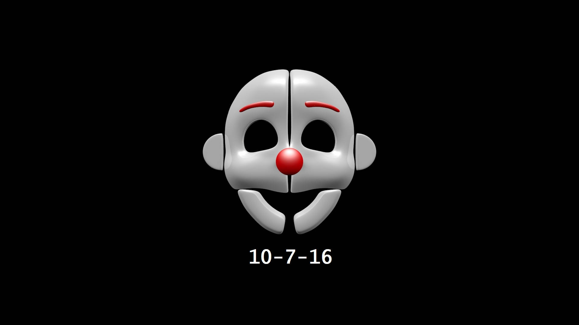 Ennard 桌布 壁紙 — 一個金屬銀色小丑面具，帶有紅色點綴和紅色鼻子，居中在黑色背景上，下方有日期文字。