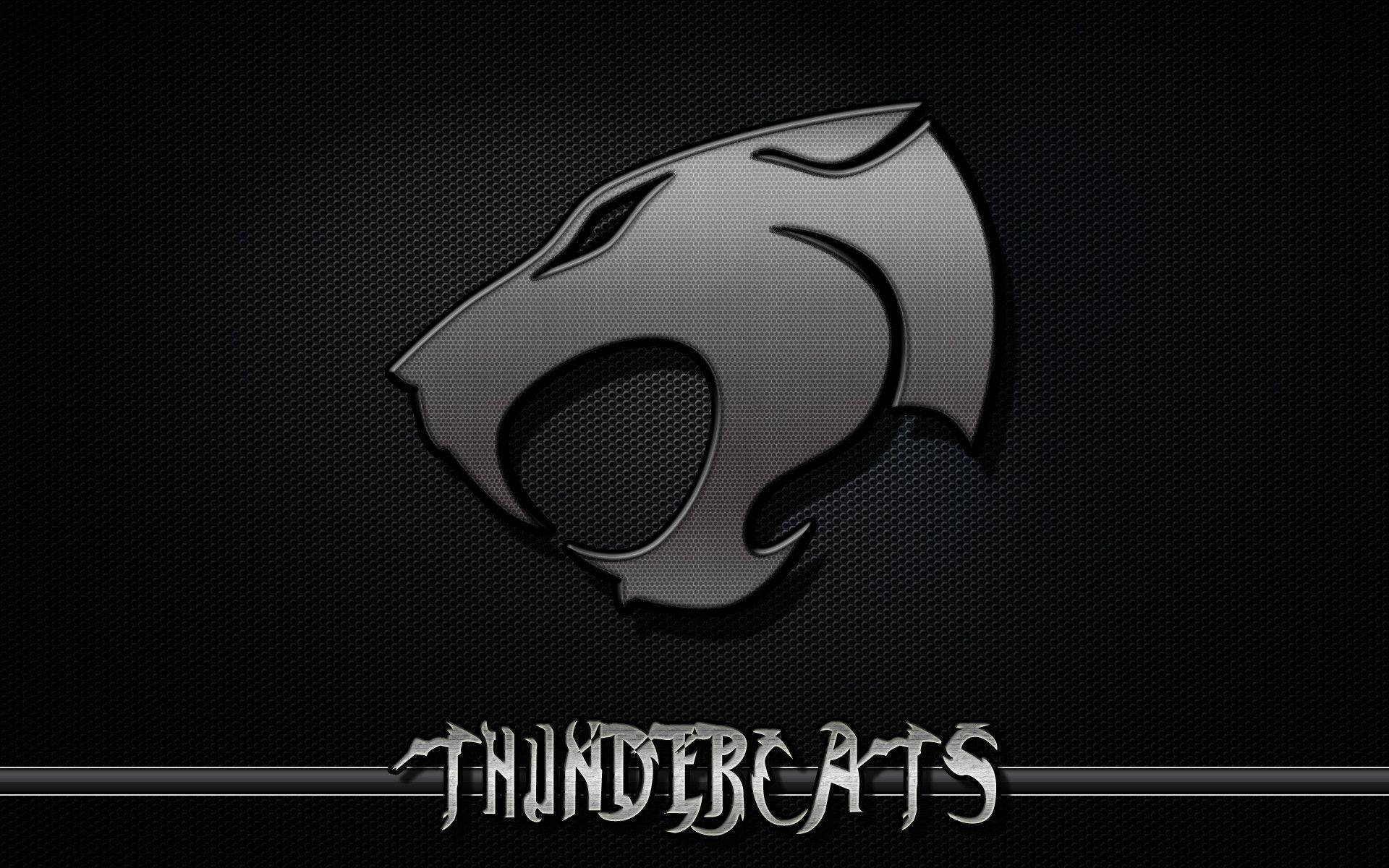Thundercats 桌布 壁紙 — 一個金屬銀色的ThunderCats標誌，帶有兇猛的貓科動物頭部，在深色紋理背景上發光。