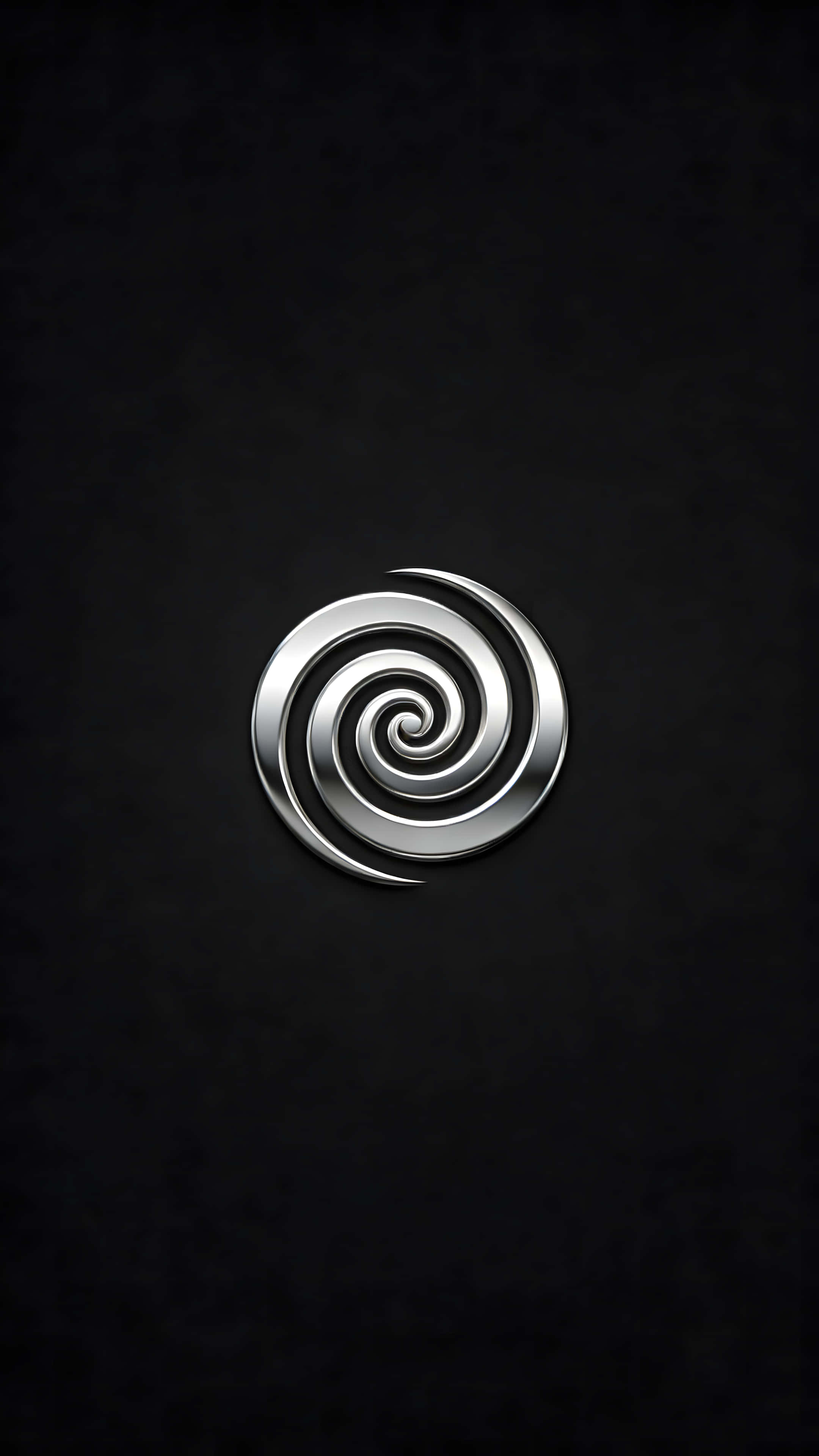 Swirl Design 桌布 壁紙 — 一個金屬銀色螺旋標誌，居中放置在帶有細微高光的紋理黑色背景上。
