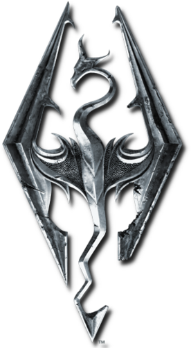 Skyrim Logo 桌布 壁紙 — 一個金屬銀色龍紋章，帶有鋒利的角狀翅膀和精細的鱗片，置於黑色背景上。