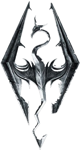 Skyrim Logo 桌布 壁紙 — 一個金屬銀色龍紋章，帶有鋒利的角狀翅膀和精細蝕刻細節，背景為黑色。
