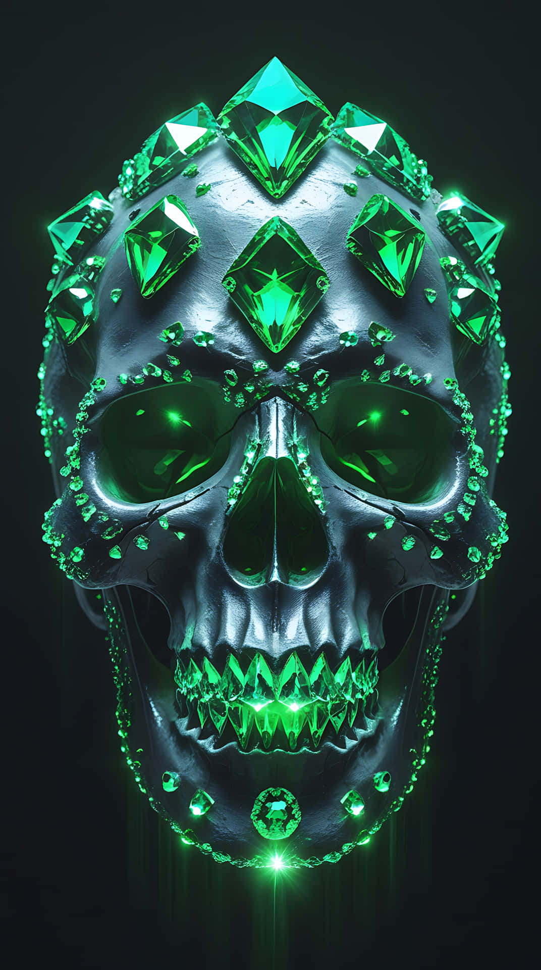 Crystal-Encrusted Skull with Enchanting Green Glow. smartphone wallpaper 壁紙 — 一個金屬頭骨，飾有發光的綠色寶石和水晶，背景為深色。