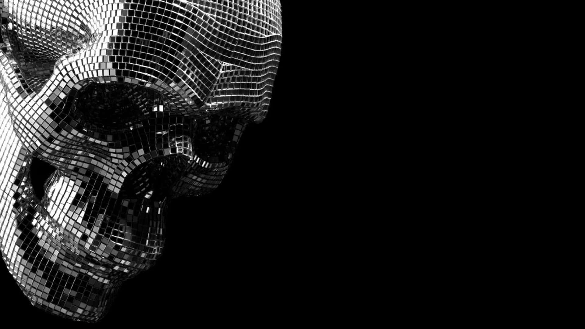Unsettling 桌布 壁紙 — 一個金屬馬賽克頭骨在純黑背景上閃耀，帶有反光鉻磚。