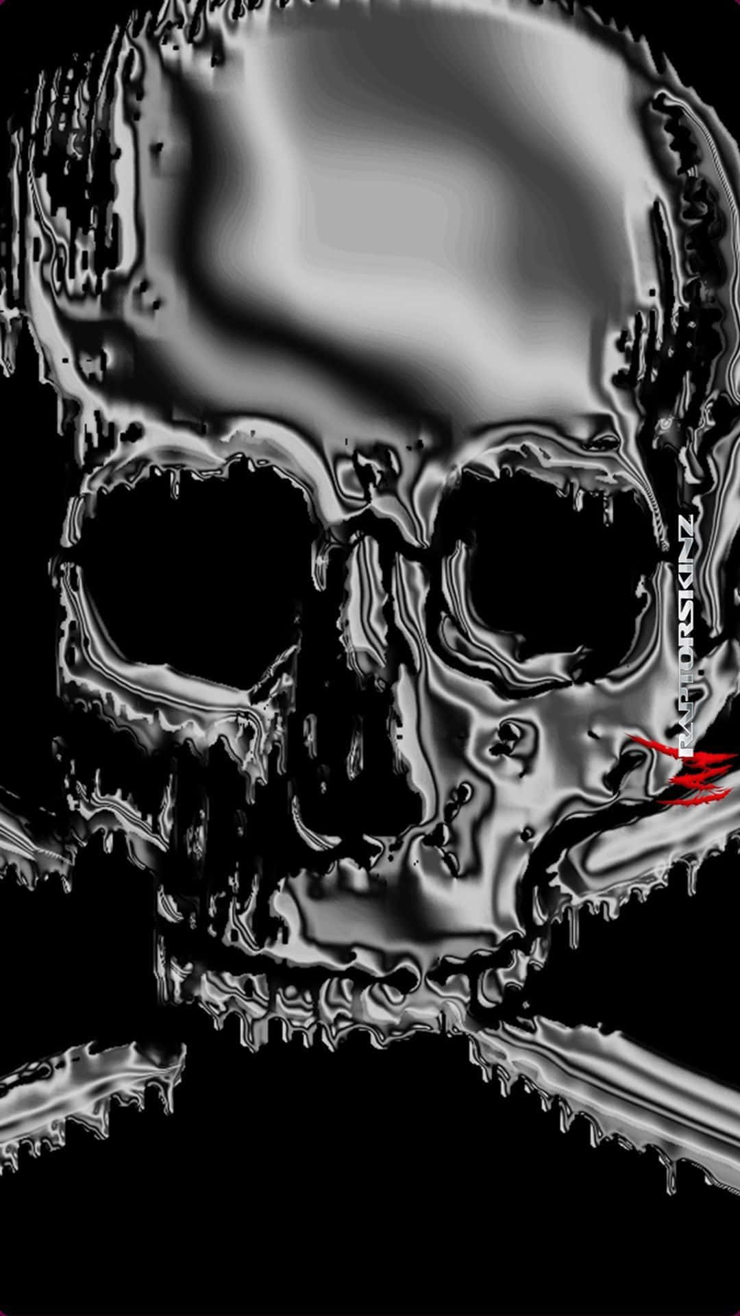 Galaxy Skull 桌布 壁紙 — 一個金屬骷髏頭，帶有滴落的鉻質感和紅色交叉骨頭點綴，背景為黑色。