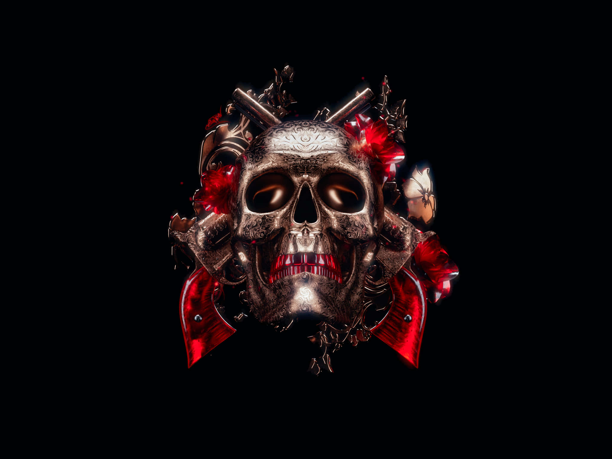 Awesome Skull 桌布 壁紙 — 一個金屬骷髏頭飾以紅花和交叉手槍，在黑色背景上發光。