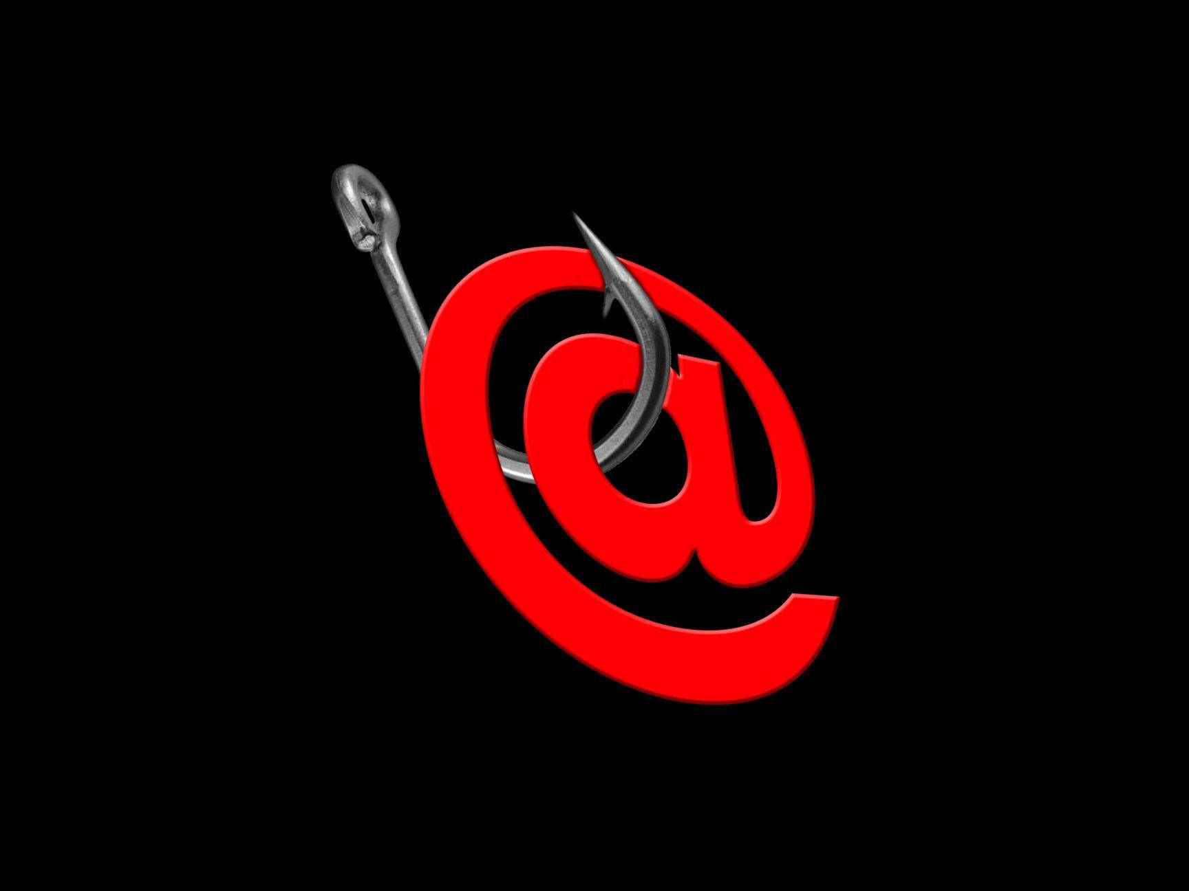 Email 桌布 壁紙 — 一個金屬魚鉤刺穿一個大膽的紅色電子郵件符號，背景為純黑色。