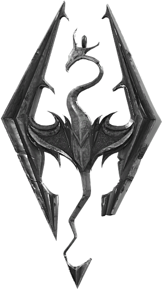 Skyrim Logo 桌布 壁紙 — 一個金屬龍紋章，帶有鋒利的翅膀和華麗的細節，矗立在純黑色背景上。
