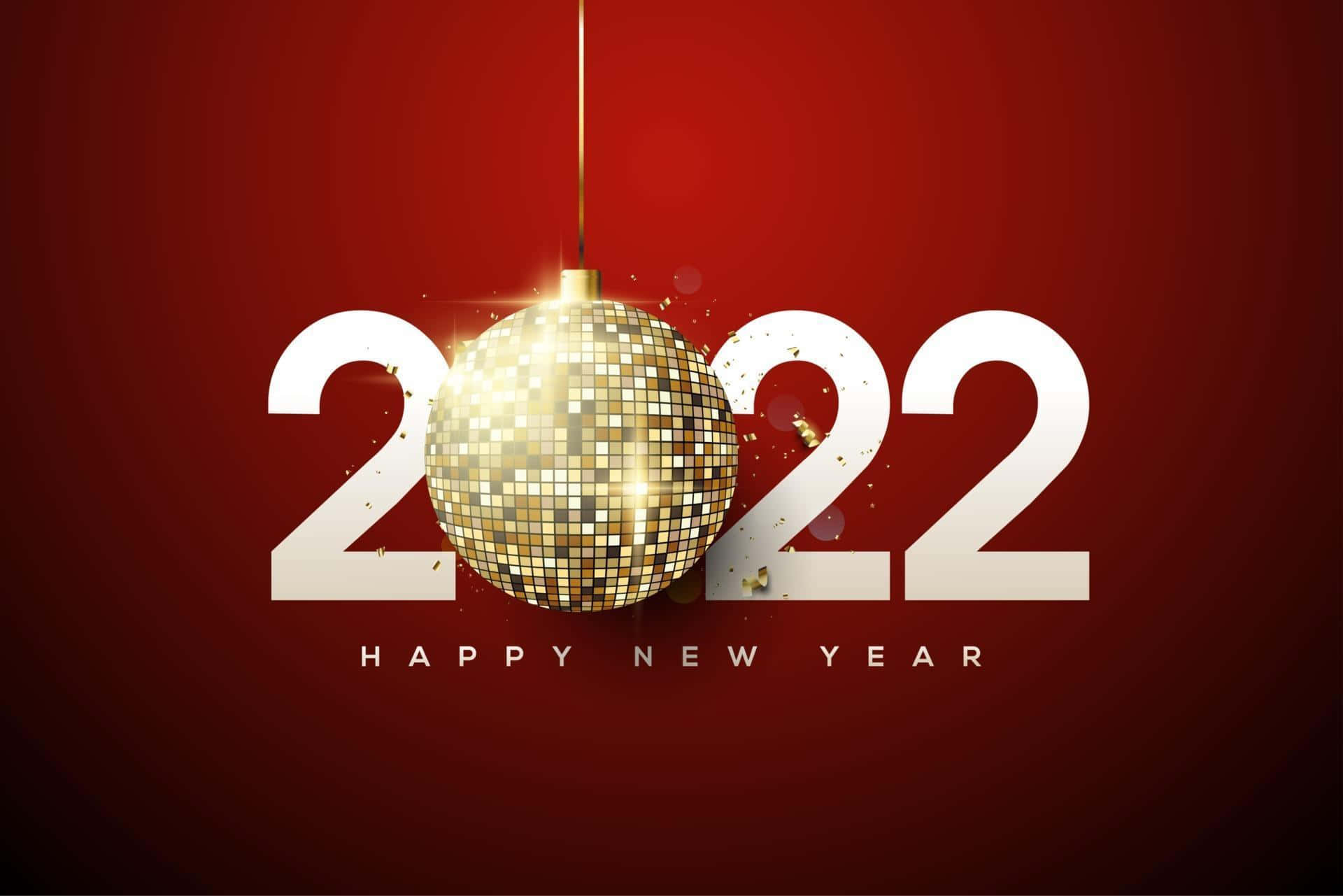 Happy New Year 2022 桌布 壁紙 — 一個金色 disco 球懸掛在大型白色數字 2022 之間，背景為豐富的紅色漸變，帶有閃爍粒子。