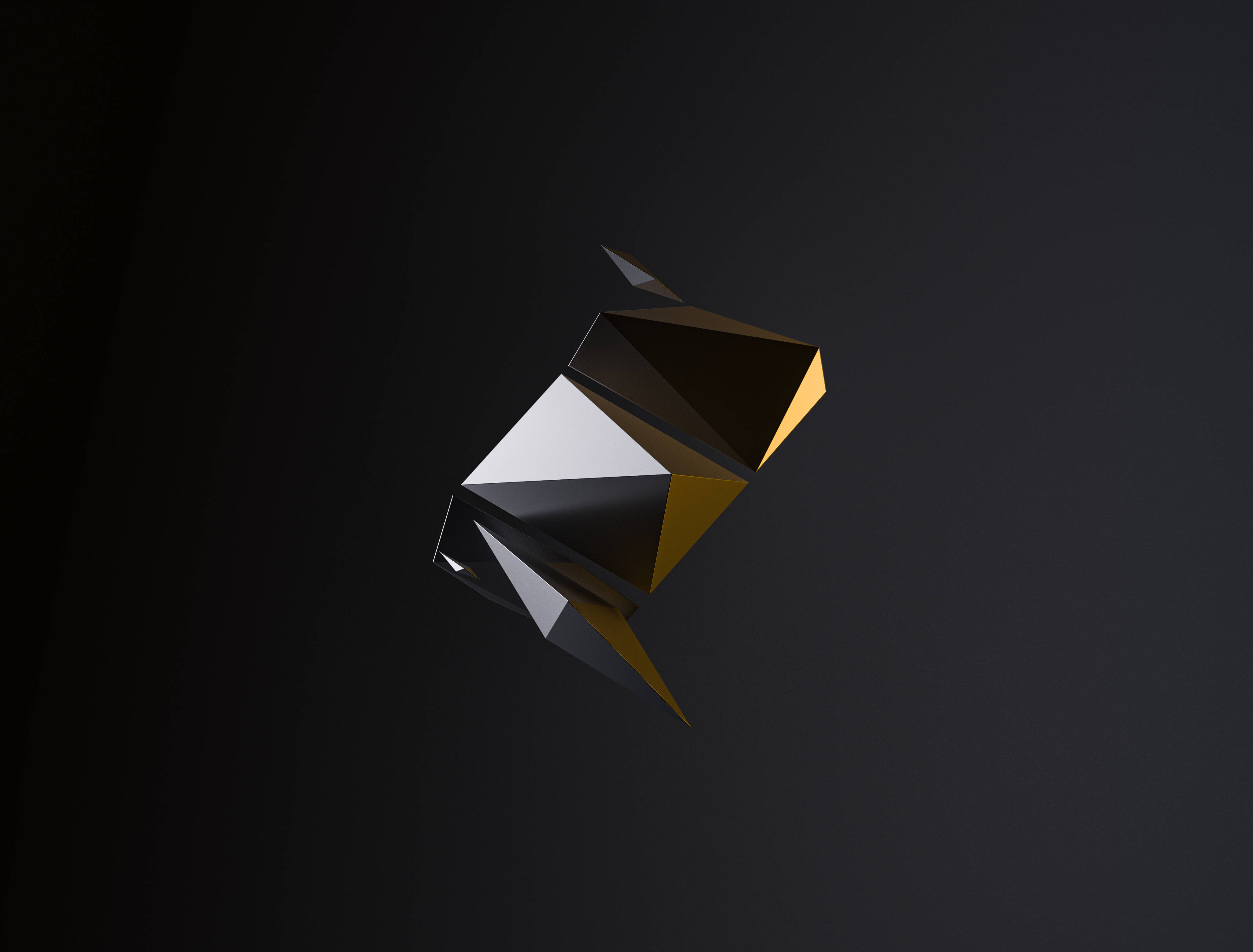 3D 4K 桌布 壁紙 — 一個金色、白色和黑色的時尚幾何兔頭雕塑漂浮在深色漸變背景上。