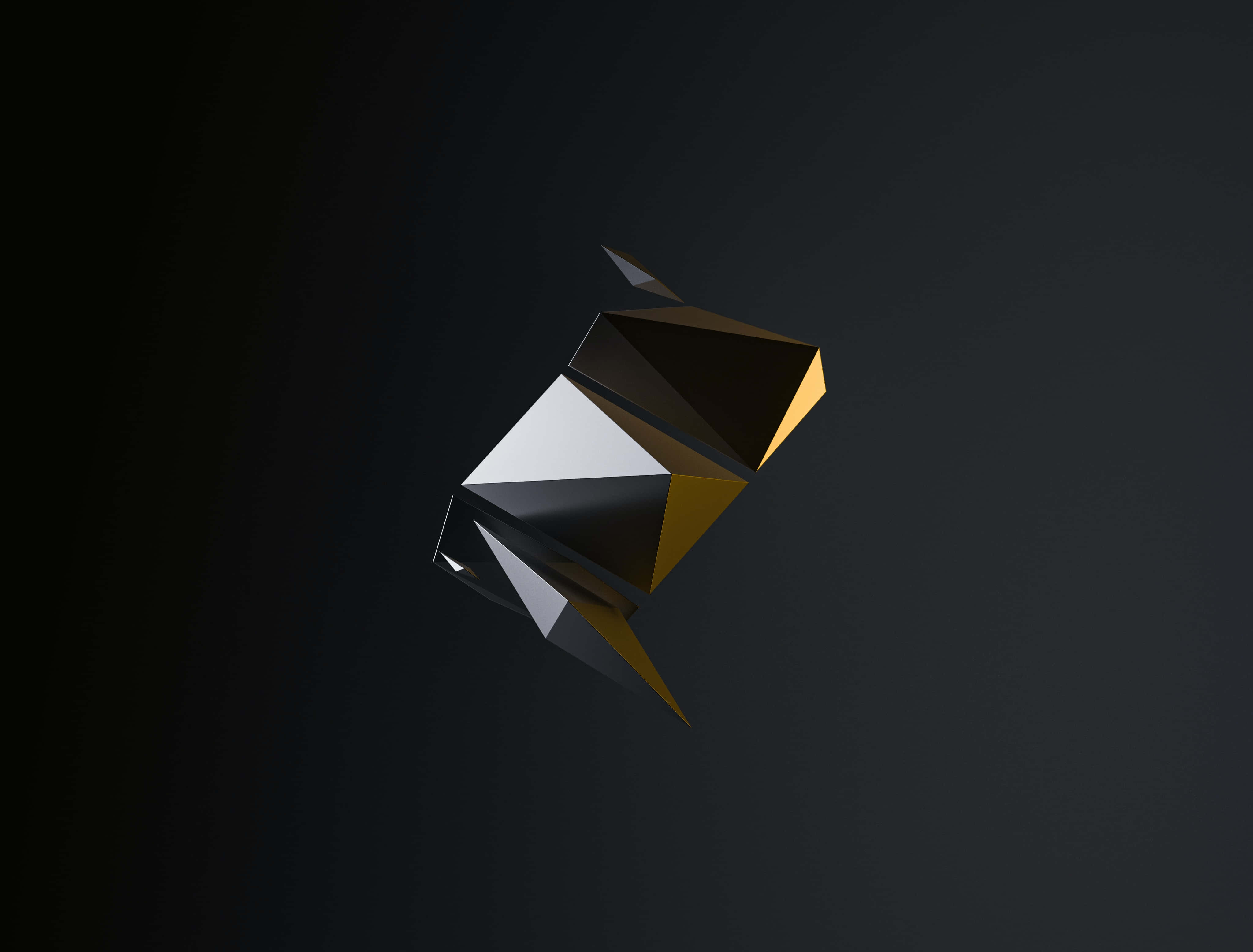 3D 桌布 壁紙 — 一個金色、白色和黑色的時尚幾何兔子雕塑，漂浮在深色漸變背景上。