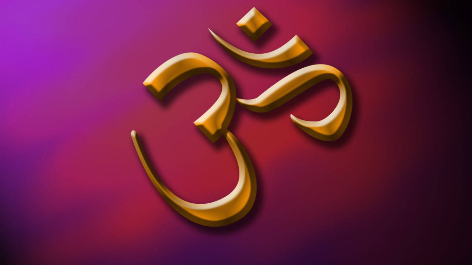 Hindi 桌布 壁紙 — 一個金色3D Om符號在漸變紫色和紅色背景上發光，帶有柔和燈光。