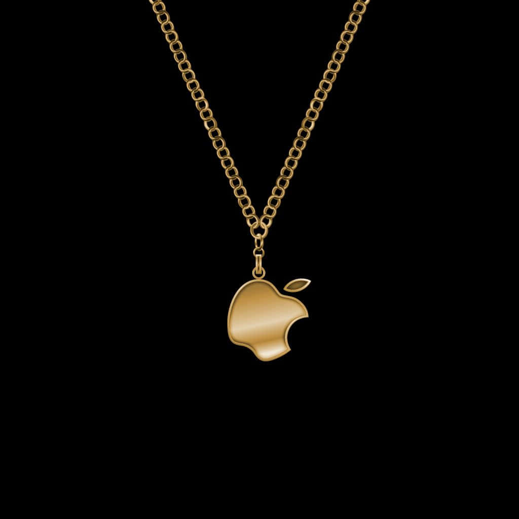 桌布 壁紙 — 一個金色Apple標誌吊墜掛在相配的鏈條上，背景為純黑色。