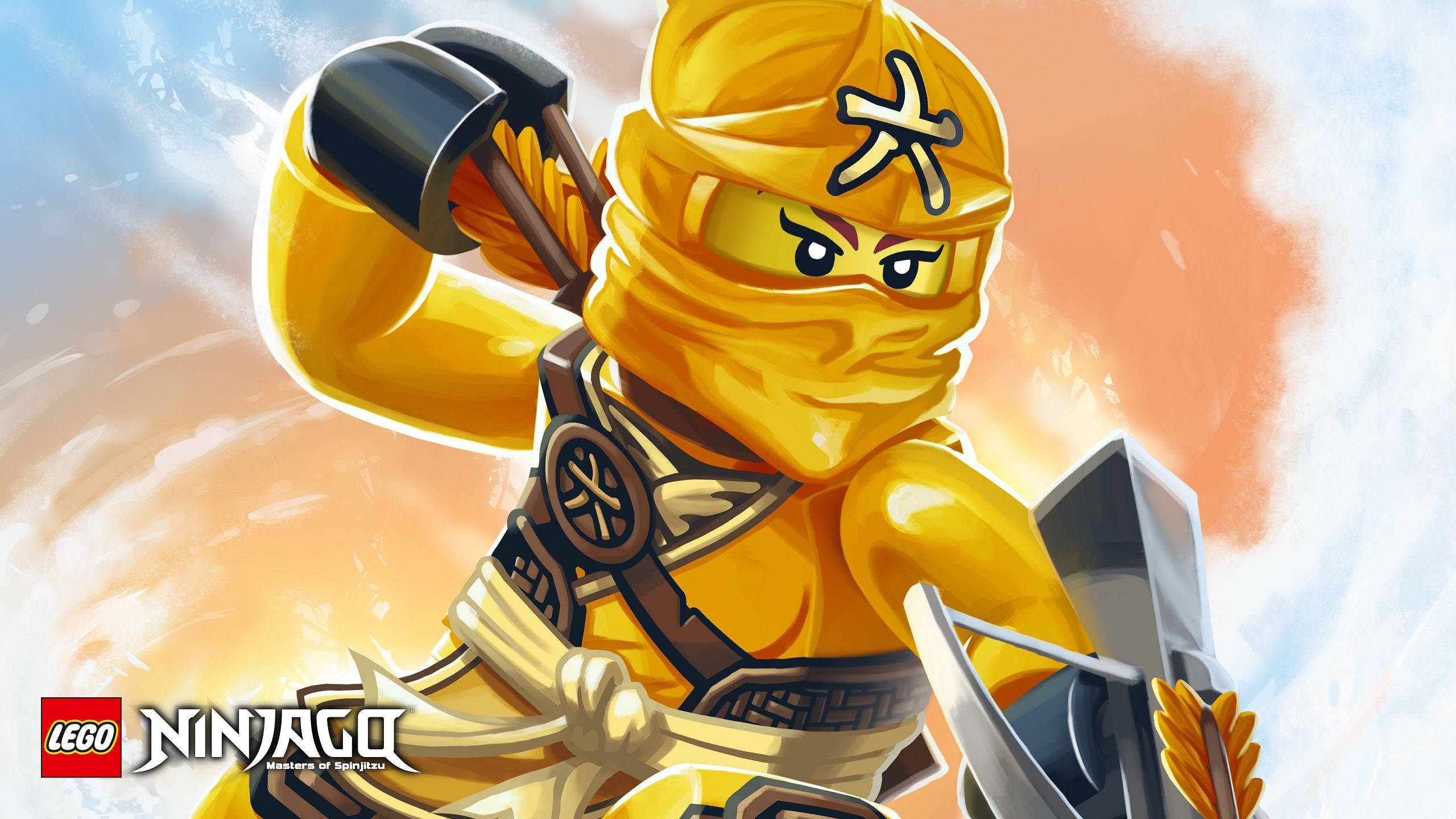 Ninjago 桌布 壁紙 — 一個金色LEGO忍者戰士以動態姿勢揮舞錘子和盾牌，背景是火熱的天空。