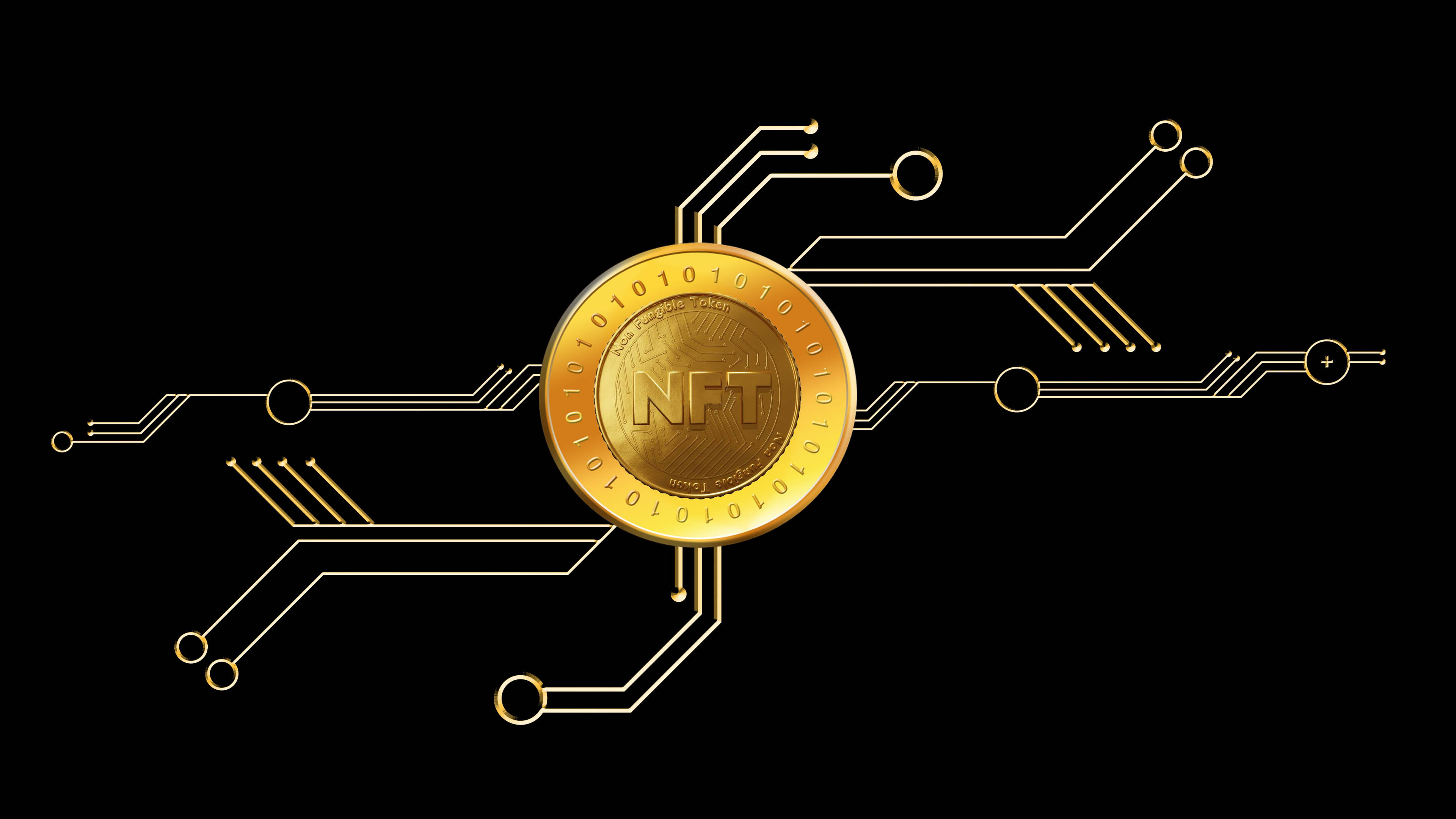 NFT 桌布 壁紙 — 一個金色NFT硬幣居中在黑色背景上，帶有發光的白色電路線向外輻射。