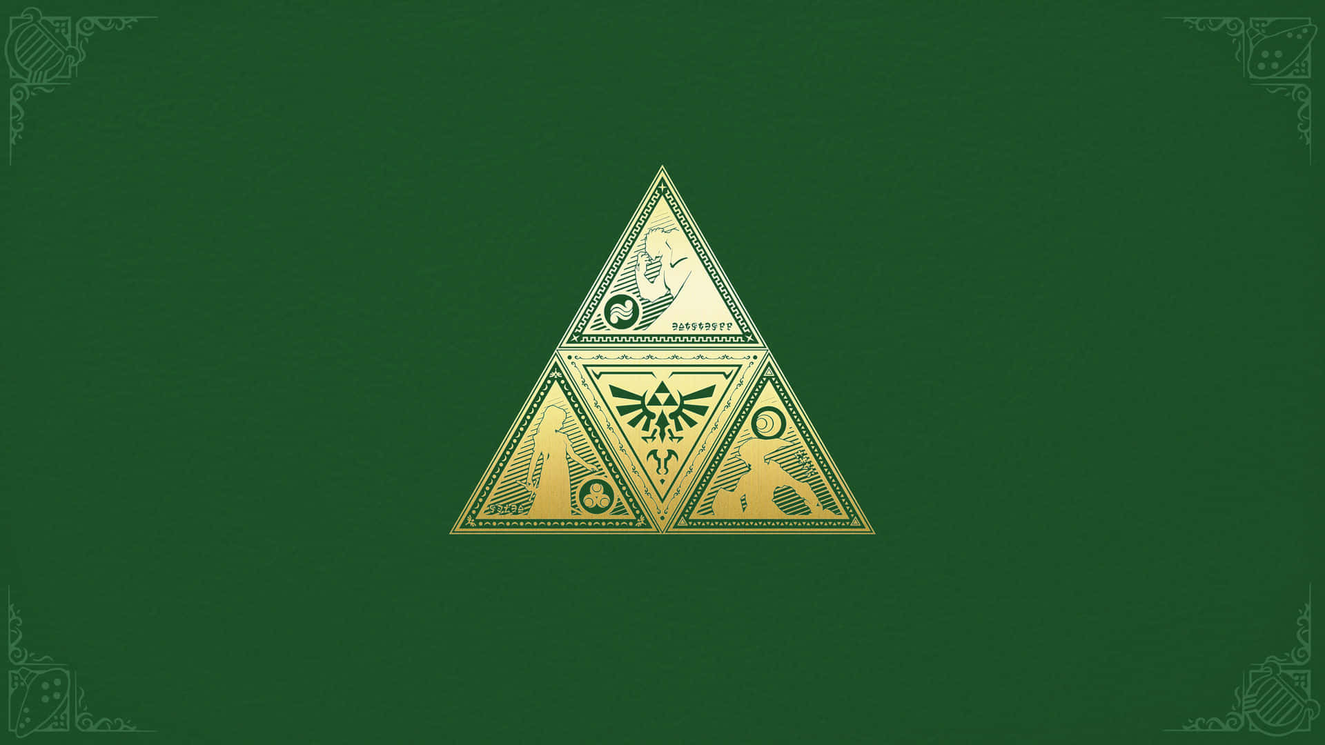 triforce 桌布 壁紙 — 一個金色三角力量標誌，帶有複雜的符號，在深綠色紋理背景上發光。