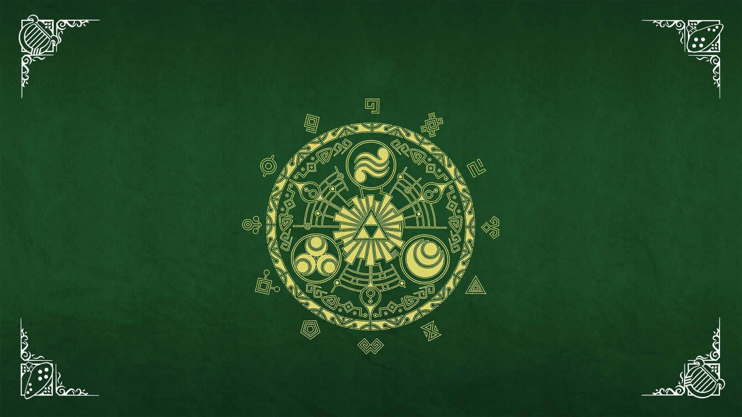 The Legend Of Zelda Hyrule 桌布 壁紙 — 一個金色三角力量符號，被複雜的幾何圖案包圍，位於帶有紋理的深綠色背景上，並配有華麗的角落設計。