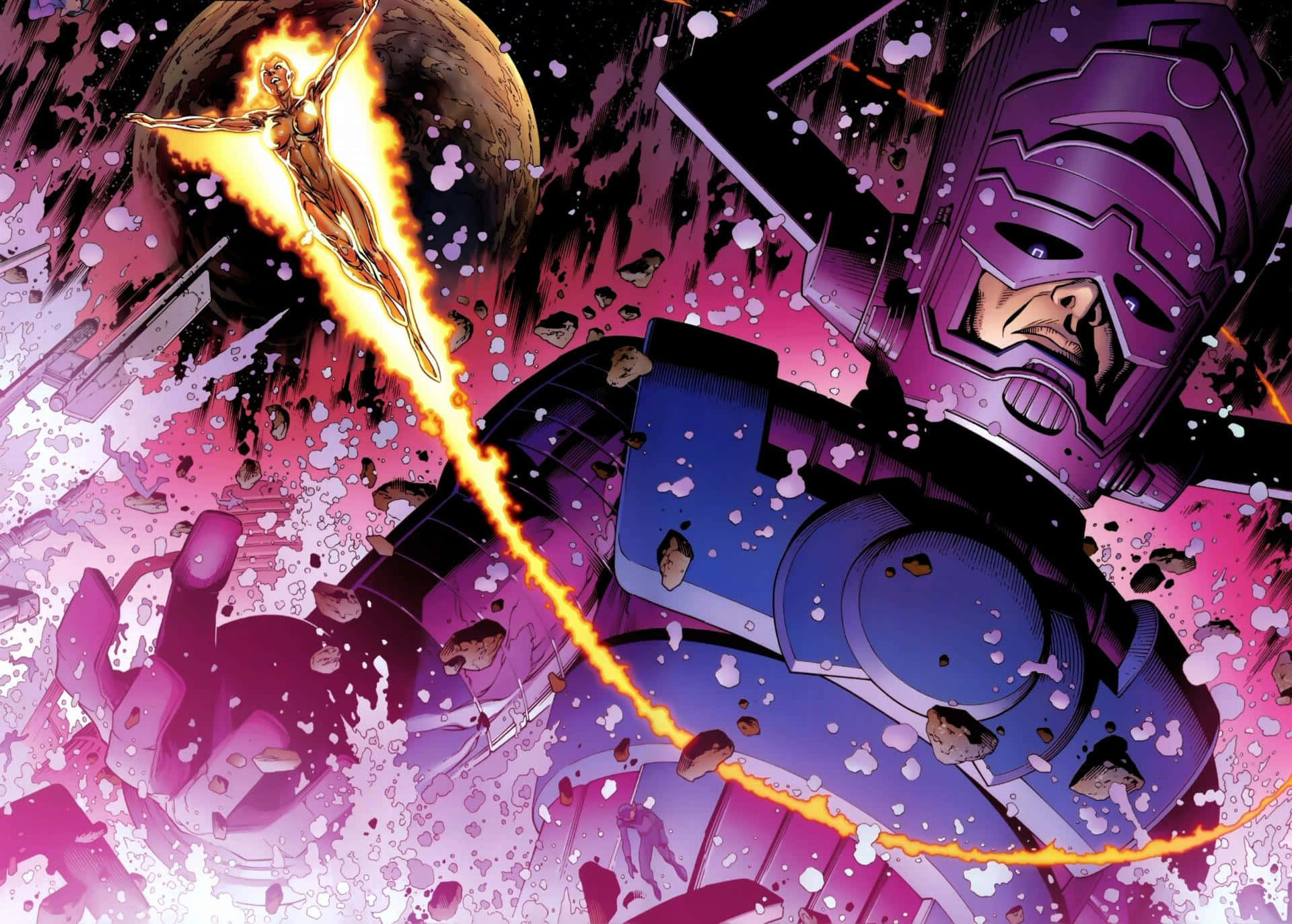 Galactus 桌布 壁紙 — 一個金色人形角色在宇宙碎片場中，從手中向一個紫色裝甲反派發射火焰光束。
