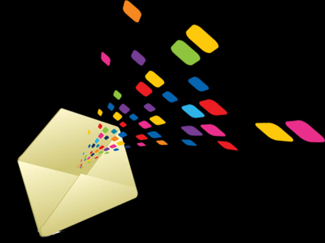 Email 桌布 壁紙 — 一個金色信封在黑色背景上爆出彩色長方形紙屑。