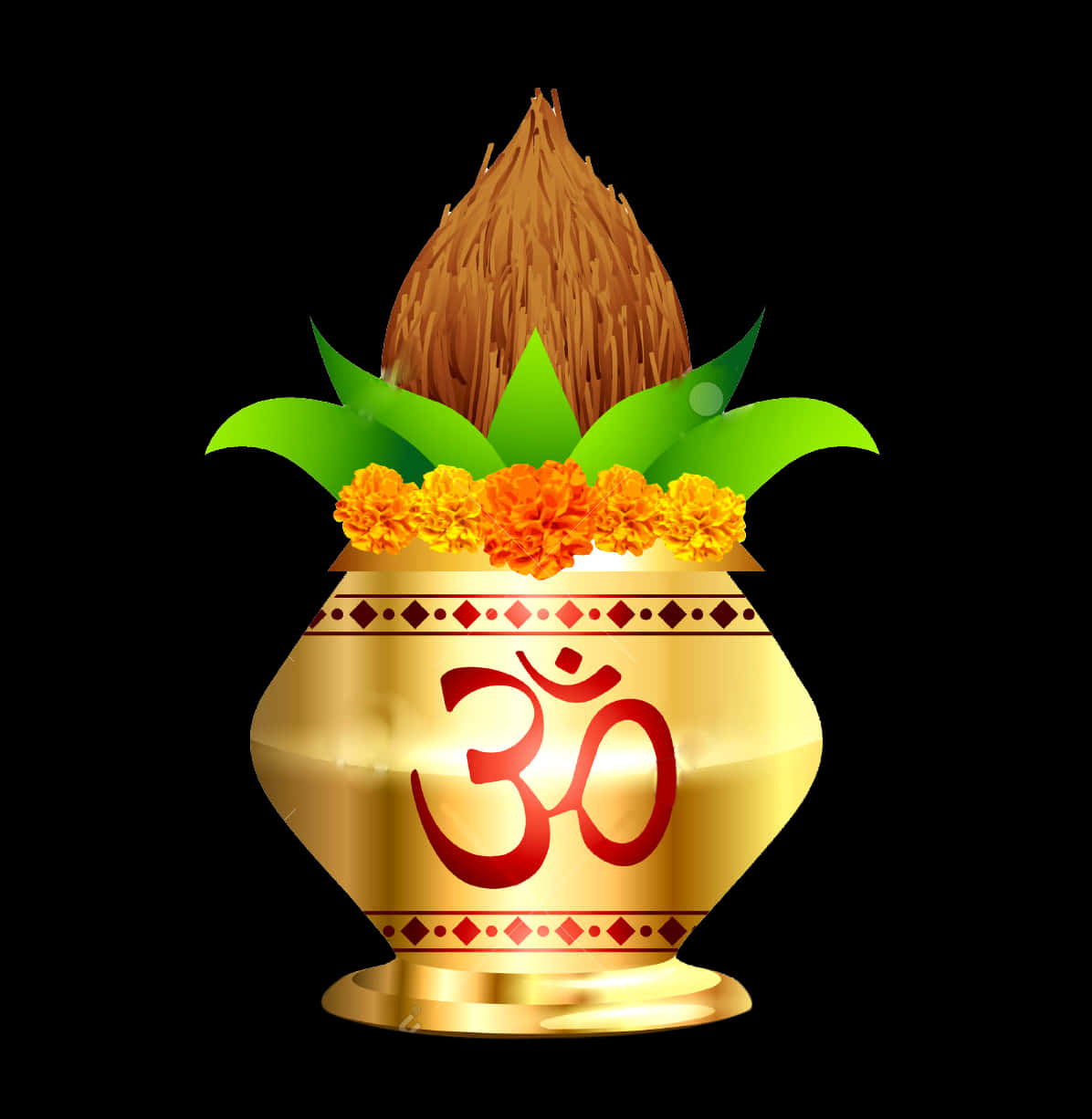 Hinduism 桌布 壁紙 — 一個金色儀式用壺，飾有紅色Om符號、萬壽菊、綠葉和椰子，背景為黑色。