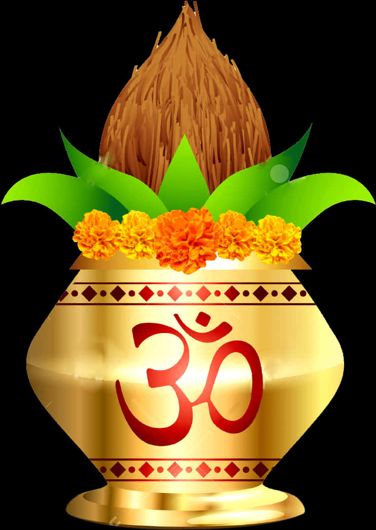 Hinduism 桌布 壁紙 — 一個金色儀式用壺，飾有萬壽菊、綠葉和一個頂端帶有紅色Om符號的椰子。
