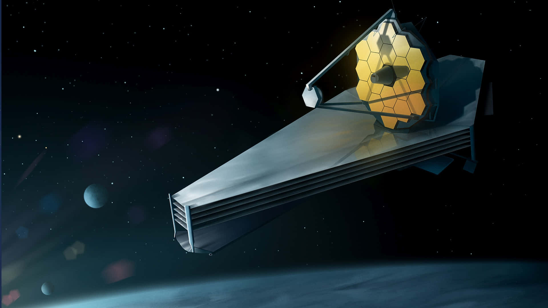 Telescope 桌布 壁紙 — 一個金色六角形鏡面望遠鏡漂浮在深空，位於一顆藍色行星之上，黑色虛空中星光閃爍。