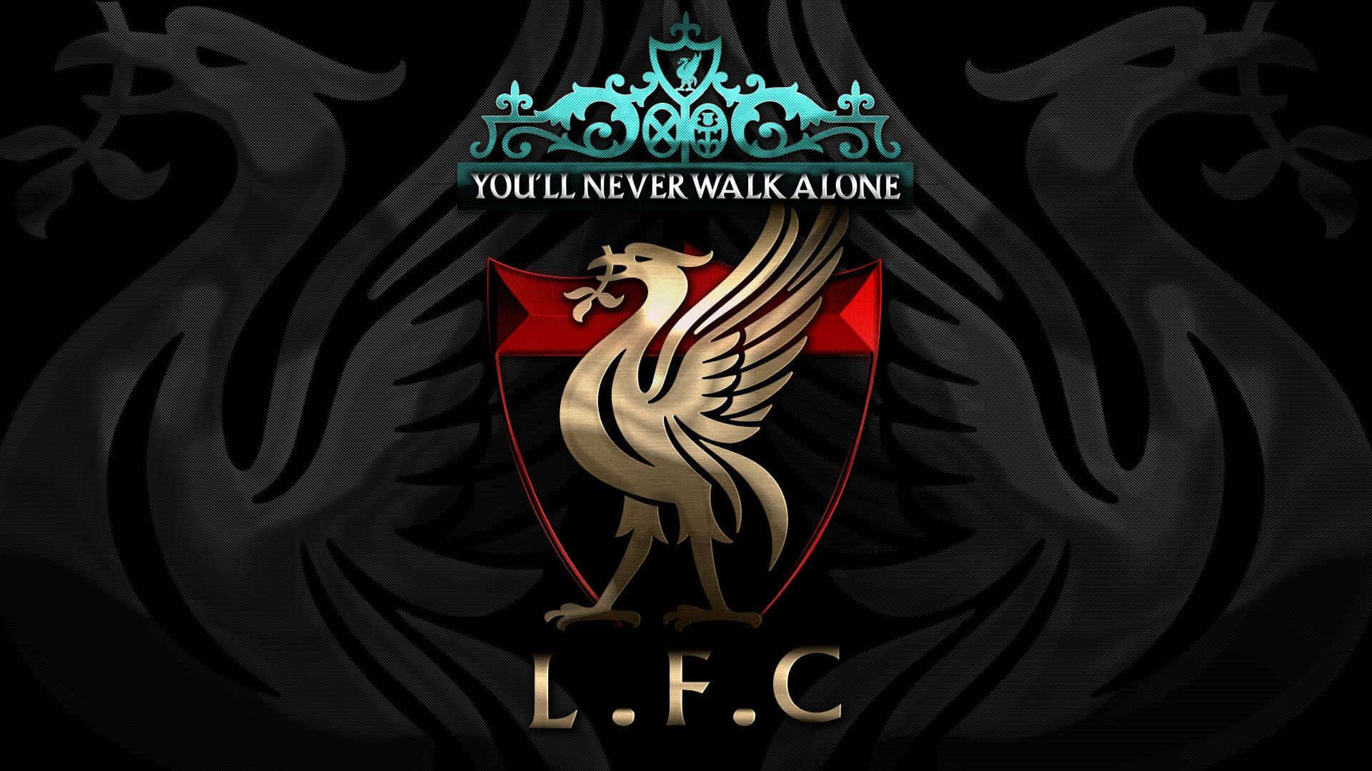 Liverpool Fc Desktop 桌布 壁紙 — 一個金色利鳥標誌在紅色盾牌上，居中置於深色漩渦背景，附有文字 you'll never walk alone 及 L.F.C.