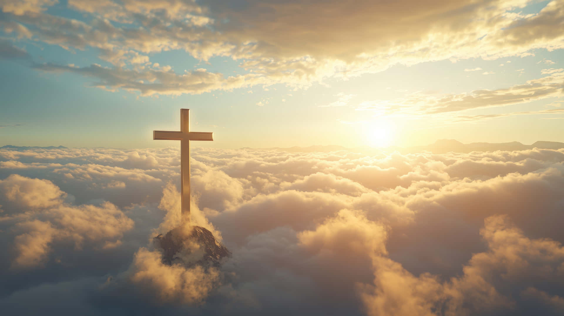 Cross Standing Above Clouds with Golden Sunrise 壁紙 — 一個金色十字架從岩石山峰升起，聳立在沐浴在溫暖日出光芒中的雲海之上。