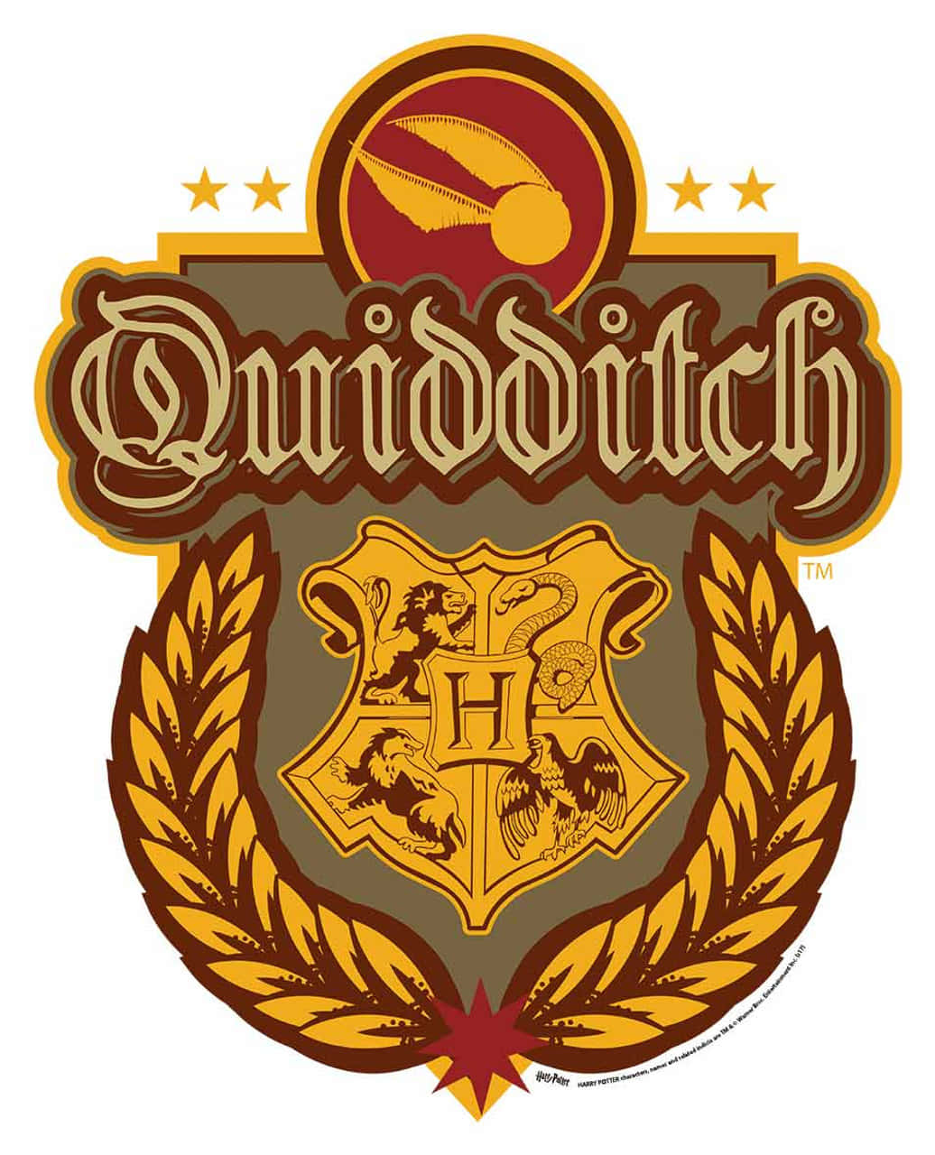 Quidditch 桌布 壁紙 — 一個金色和栗色的魁地奇標誌，包含金探子、霍格華茲徽章和月桂花環，背景為深色。