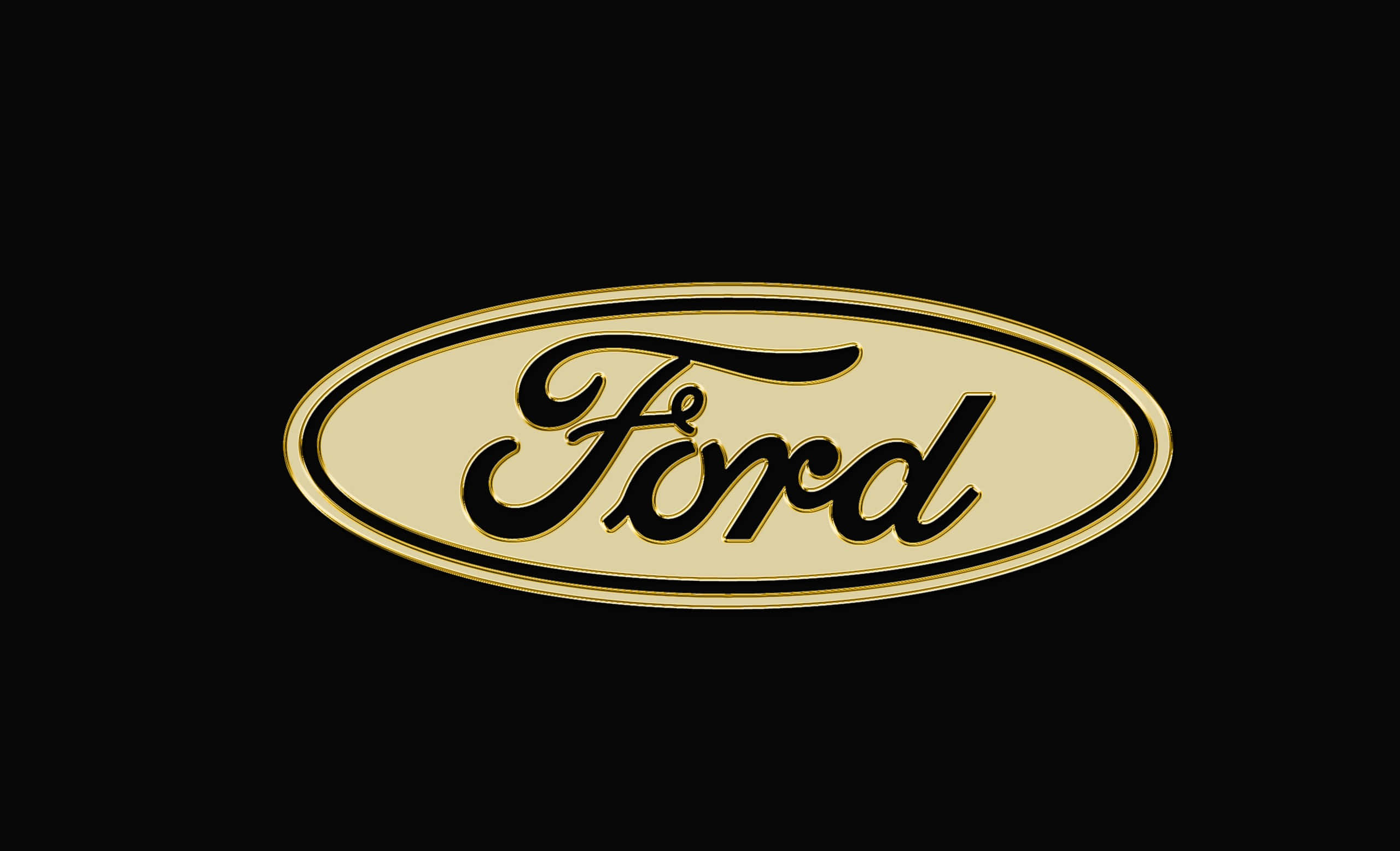 Ford Logo 桌布 壁紙 — 一個金色和黑色的福特標誌徽章，居中放置在帶有金屬光澤的純黑色背景上。