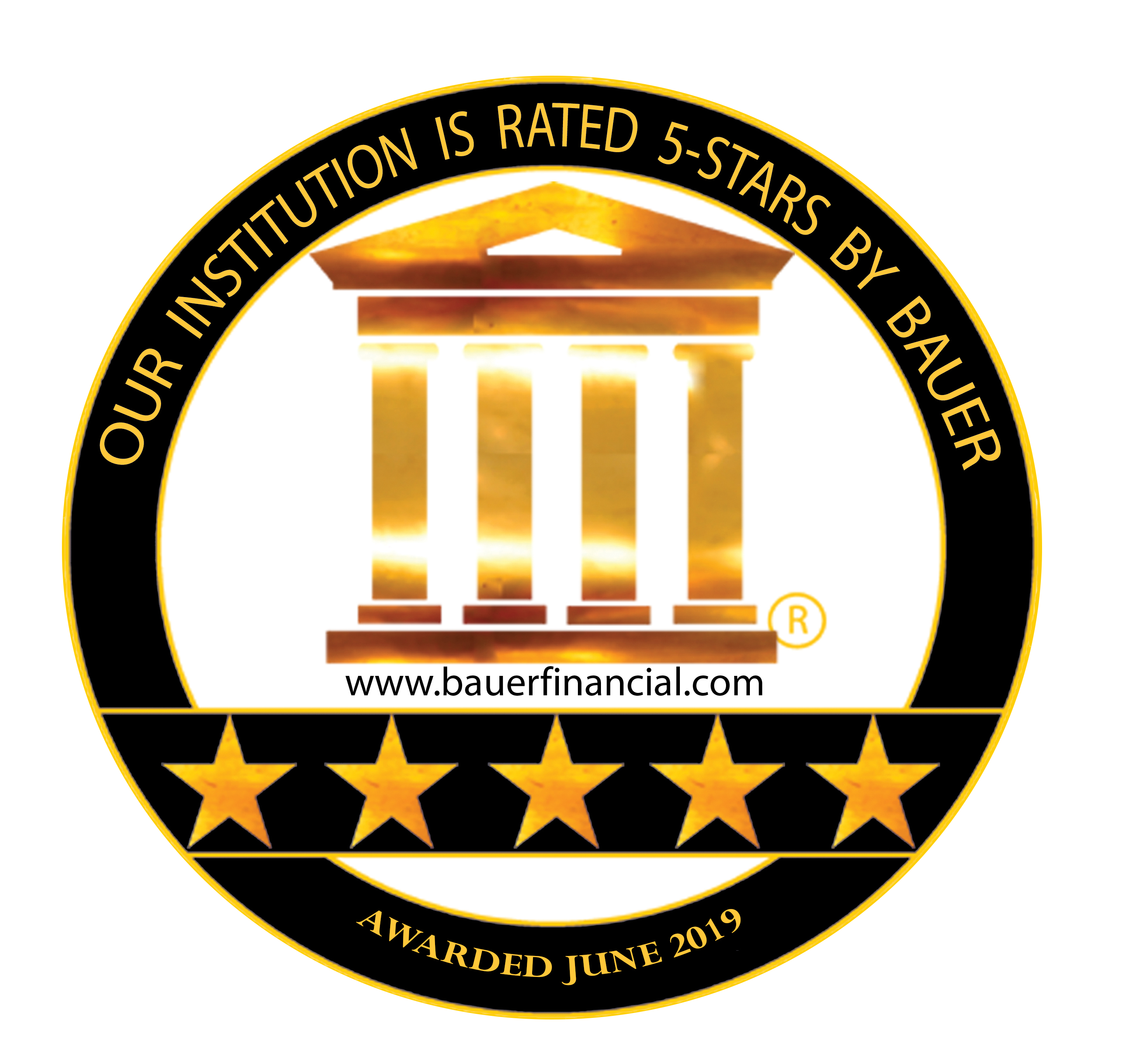Five Star 桌布 壁紙 — 一個金色圓形印章，上面有古典建築和五顆星，宣告Bauer Financial給予的5星評級。