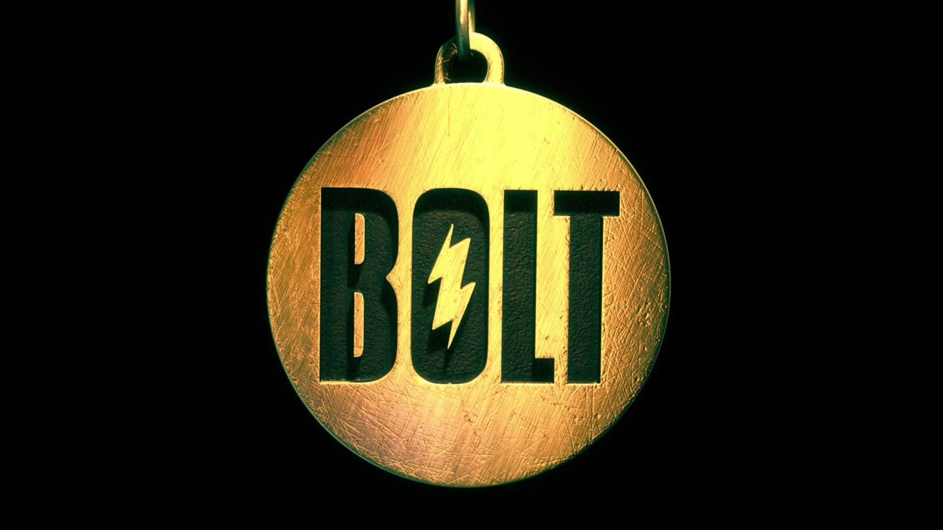 Bolt 桌布 壁紙 — 一個金色圓形獎牌，上面有BOLT字樣和閃電標誌，懸掛在黑色背景上。
