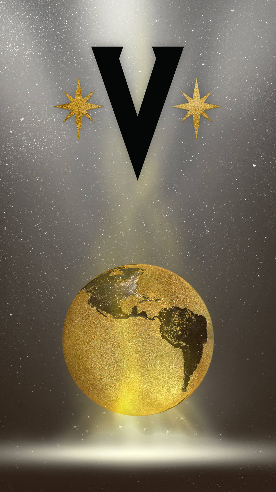 Knights 桌布 壁紙 — 一個金色地球儀漂浮在黑色 'V' 字下方，兩側有星星，背景是星光閃爍的銀色宇宙。