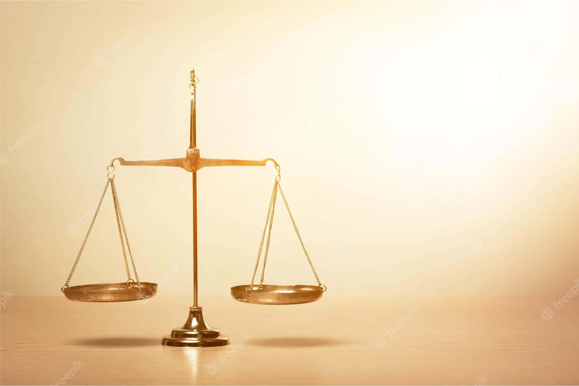 Justice 桌布 壁紙 — 一個金色天秤置於木質表面中央，背景為柔和溫暖的漸變色。