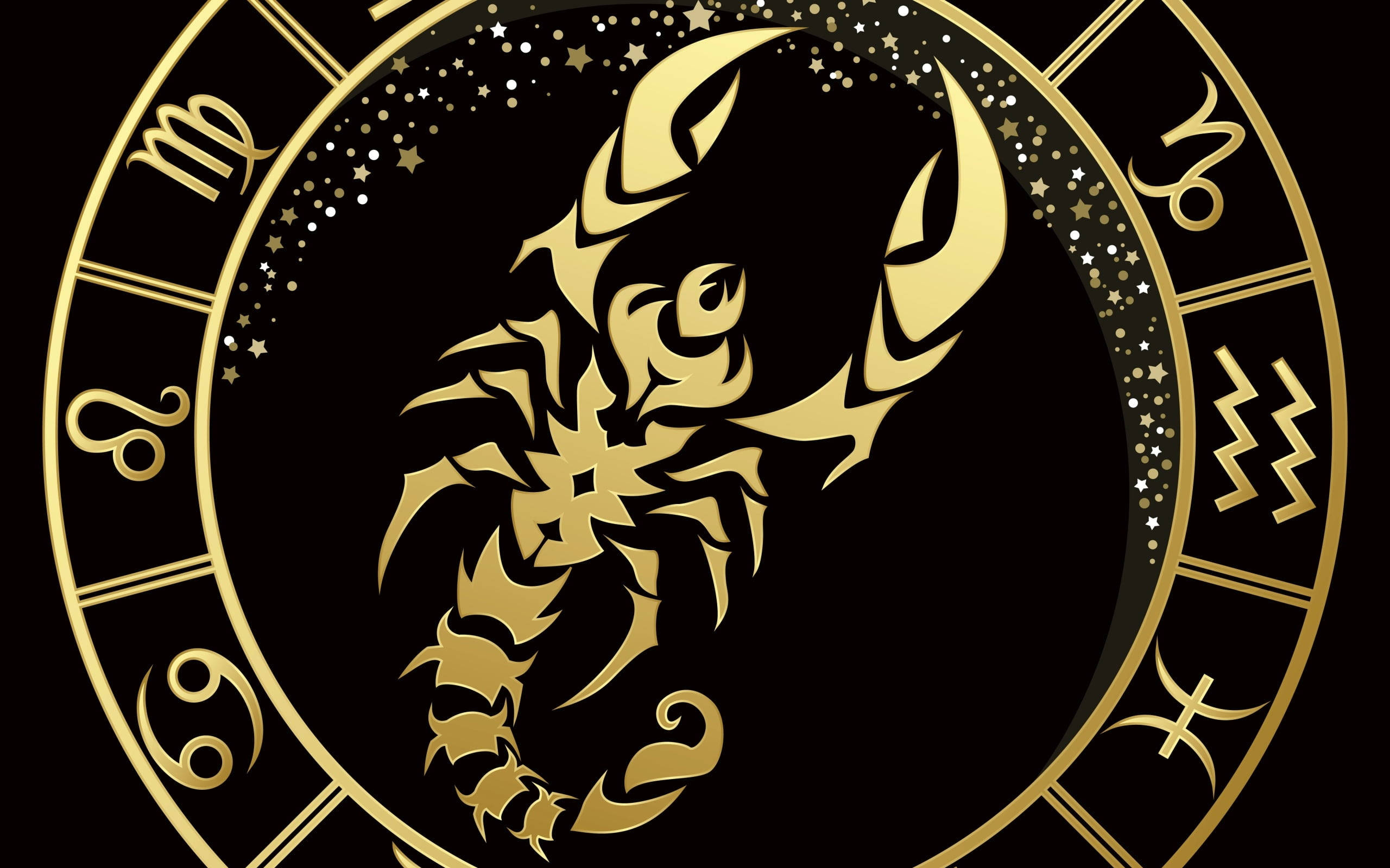 artwork 桌布 壁紙 — 一個金色天蠍座星座符號，居中在圓形星座輪盤中，背景為黑色星空。
