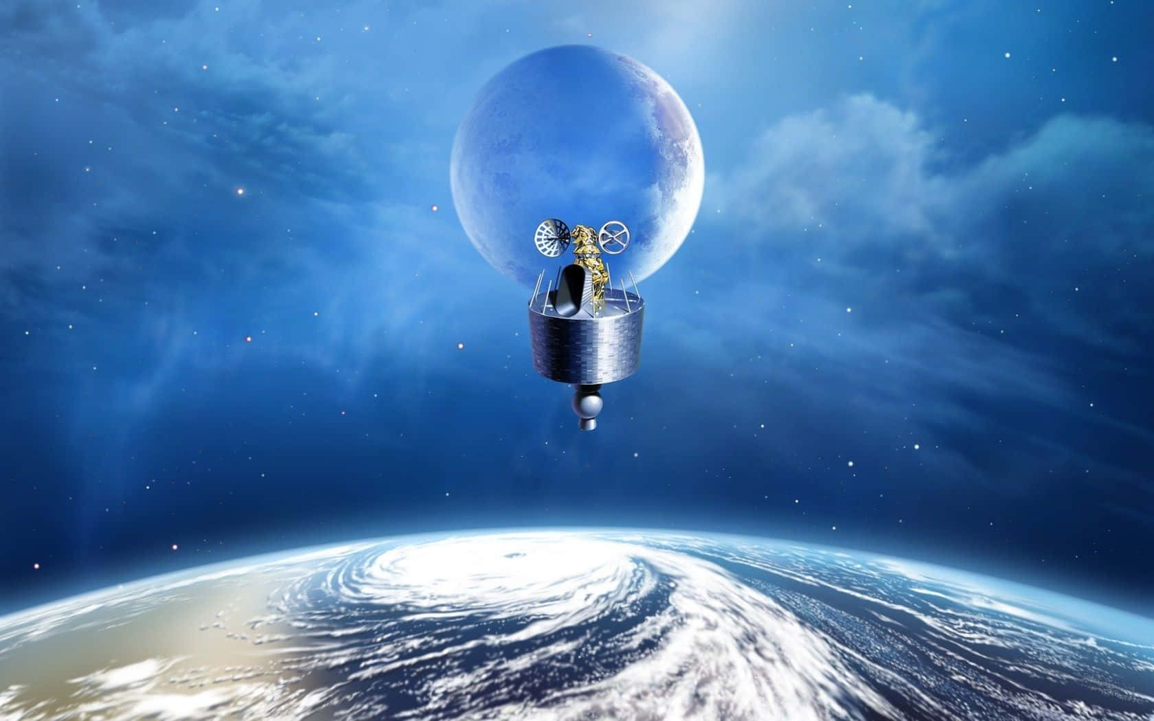 Satellite 桌布 壁紙 — 一個金色太空人漂浮在金屬艙內，位於地球旋轉雲層之上，背後有一輪藍色月亮發光。